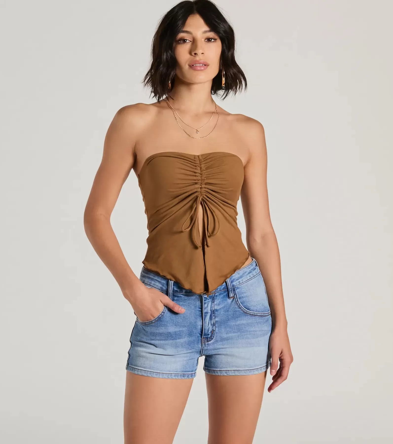 Windsor Tie Front Tops*Hit The City Strapless Slit Crop Top
