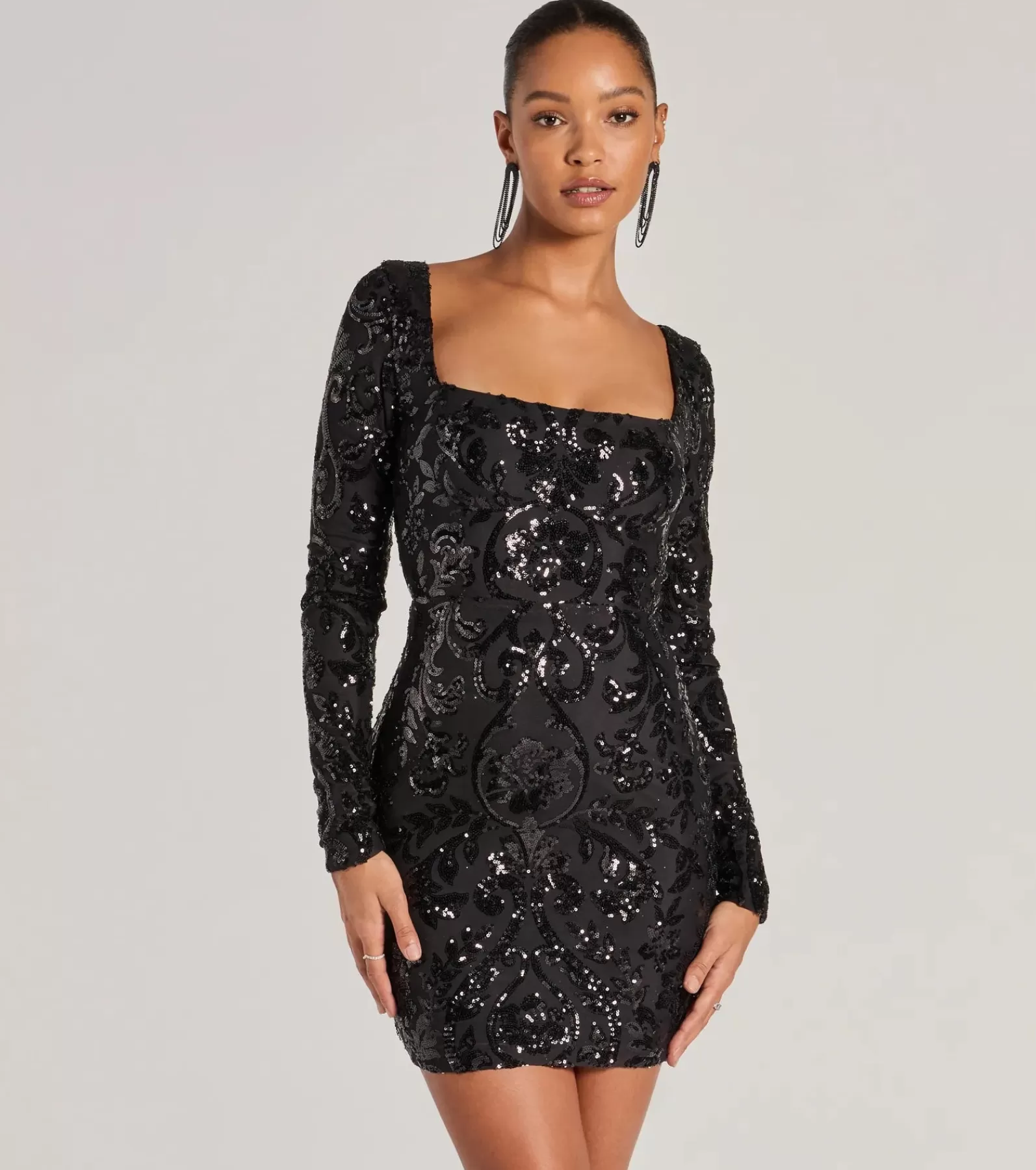 Windsor Sequin Nye Dresses | Black Nye Dresses*Janine Lace-Up Long Sleeve Bodycon Sequin Mini Dress