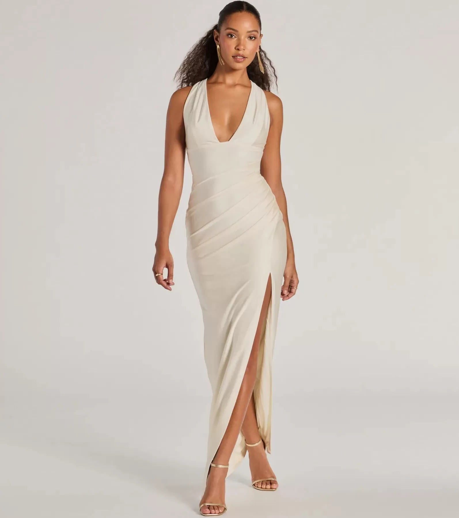 Windsor Bridal Reception Dresses | Rehearsal*Jenn V-Neck Strappy Back Slit Long Formal Dress