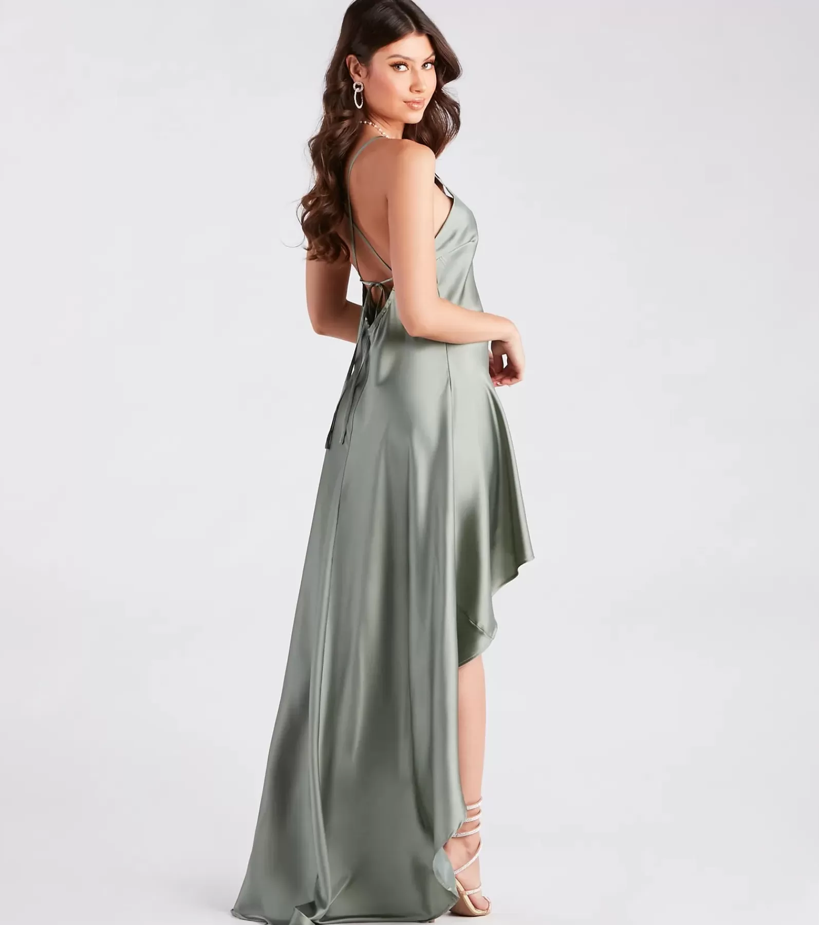 Windsor Satin Bridesmaid Dresses | Green Bridesmaid Dresses*Jolie Ruffled High-Low Satin Formal Dress
