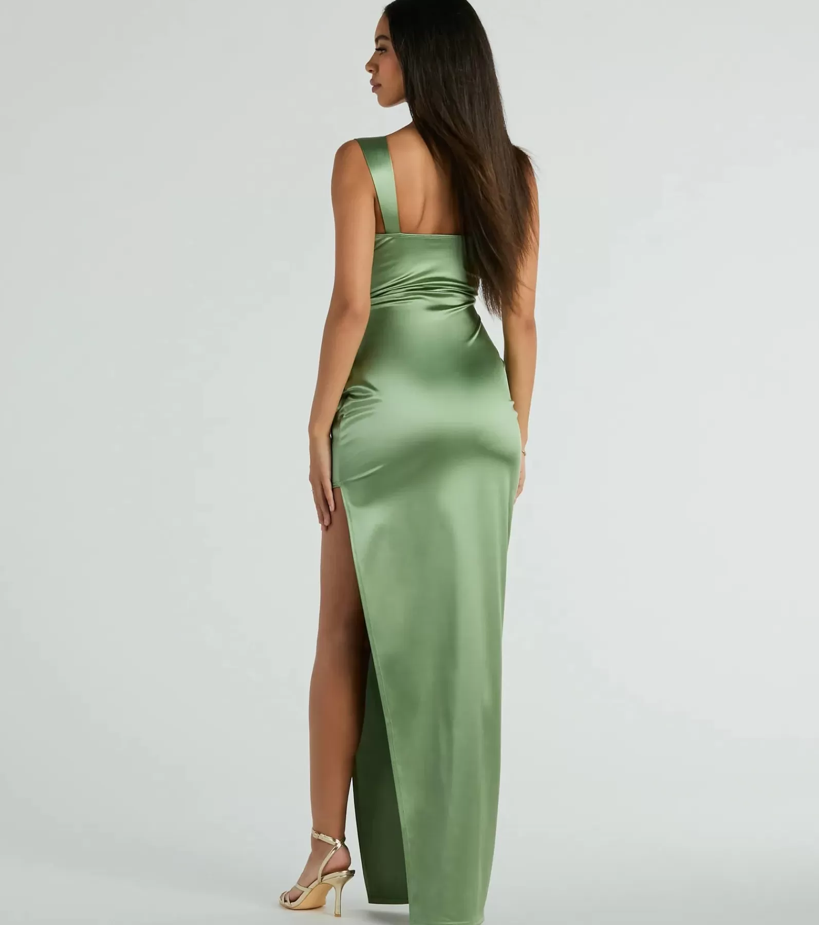 Windsor Satin Bridesmaid Dresses | Green Bridesmaid Dresses*Kirsten Satin Cowl Neck High Slit Formal Dress