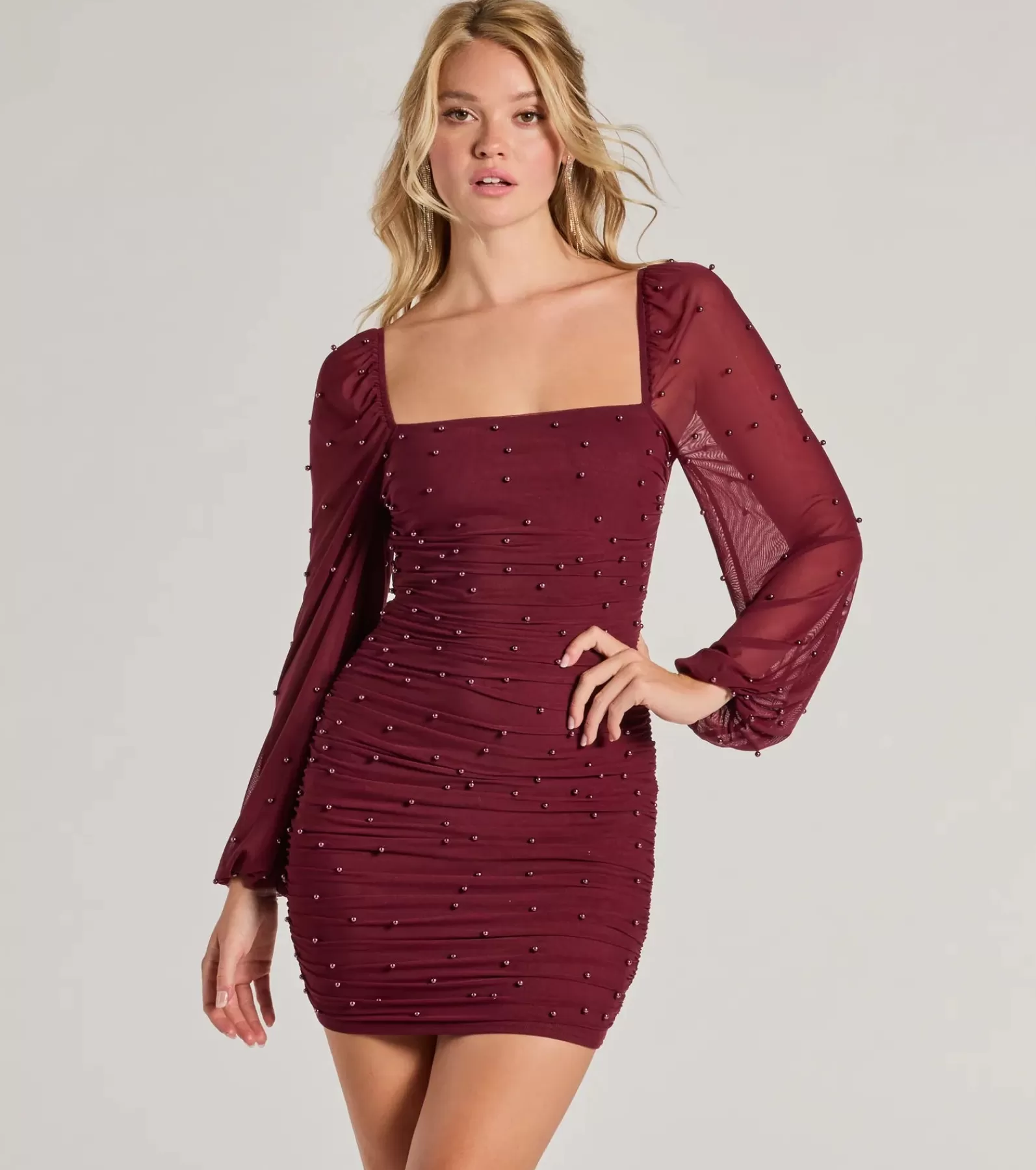 Windsor Long Sleeve Holiday Dresses | Mini Holiday Dresses*Lovely Vibe Pearl Mesh Long Sleeve Mini Dress