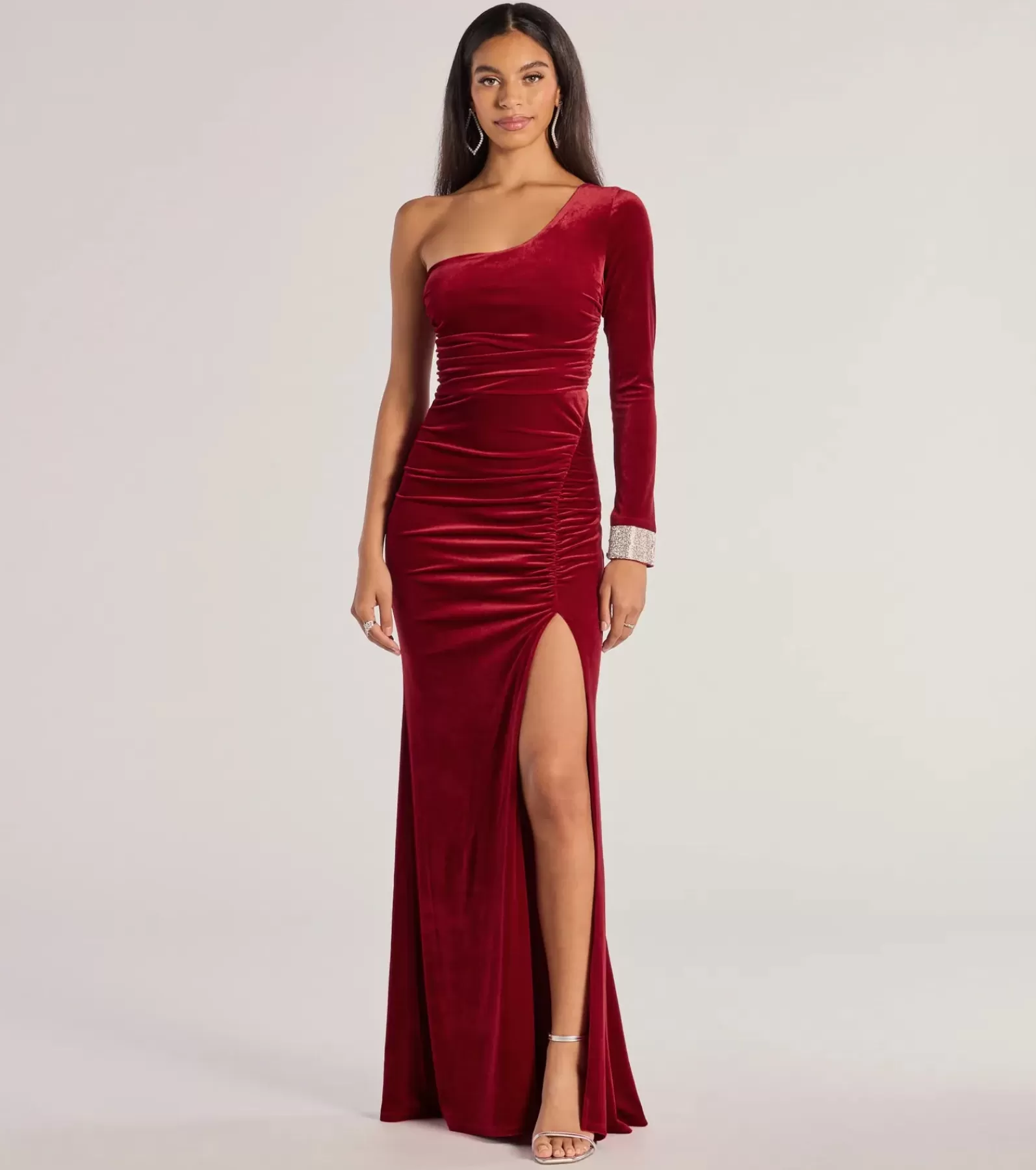 Windsor Wedding Outfits | Long Sleeve Holiday Dresses*Lyra Velvet One-Shoulder Rhinestone Cuff Mermaid Dress