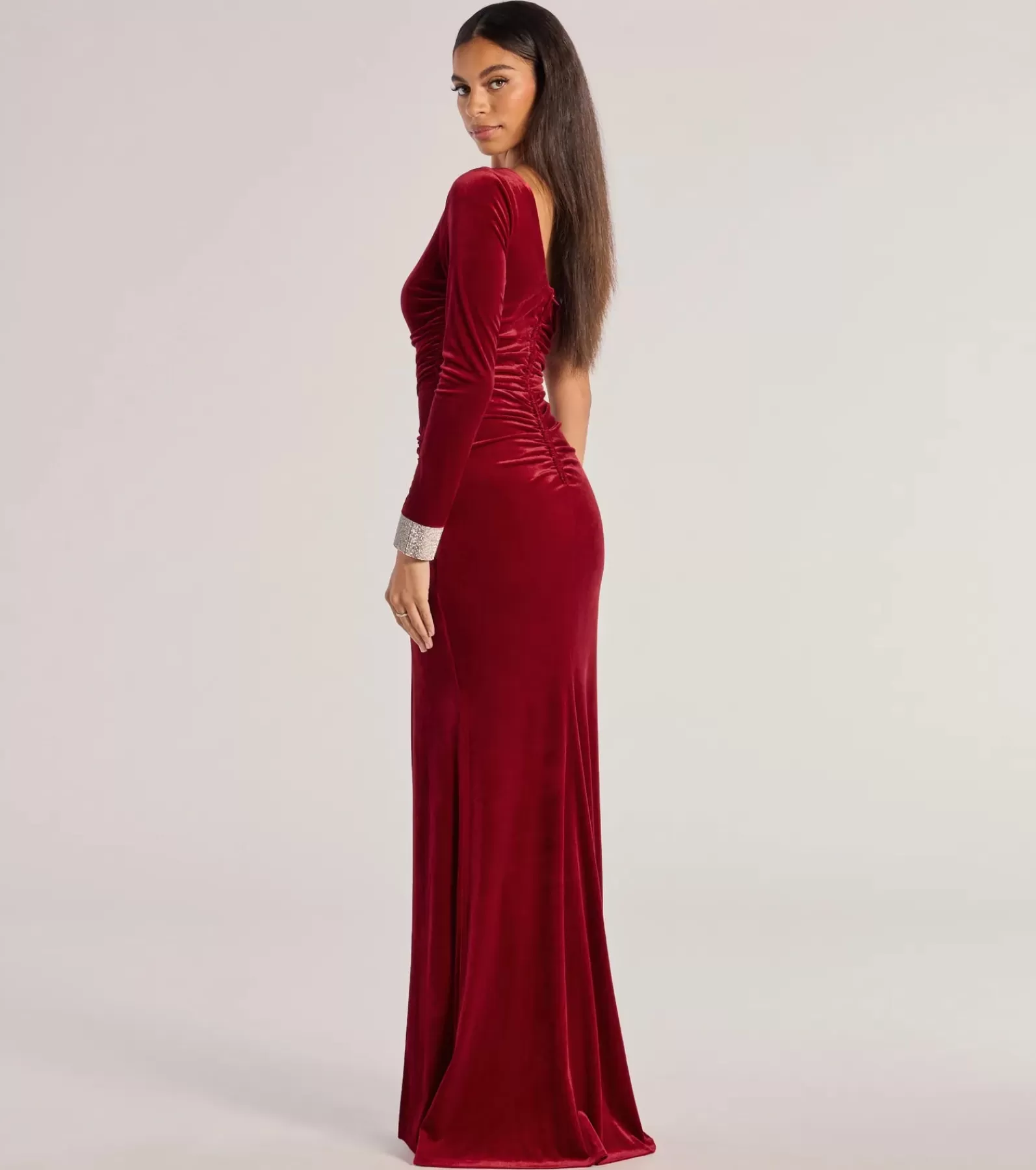Windsor Wedding Outfits | Long Sleeve Holiday Dresses*Lyra Velvet One-Shoulder Rhinestone Cuff Mermaid Dress