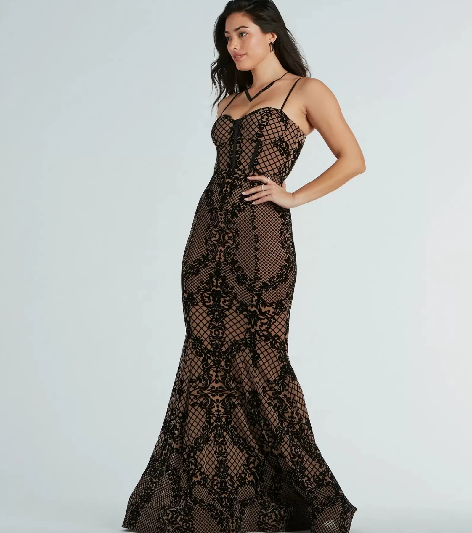Windsor Black Bridesmaid Dresses | Black Tie Wedding Guest Dresses*Malie Bustier Mermaid Flocked Velvet Formal Dress