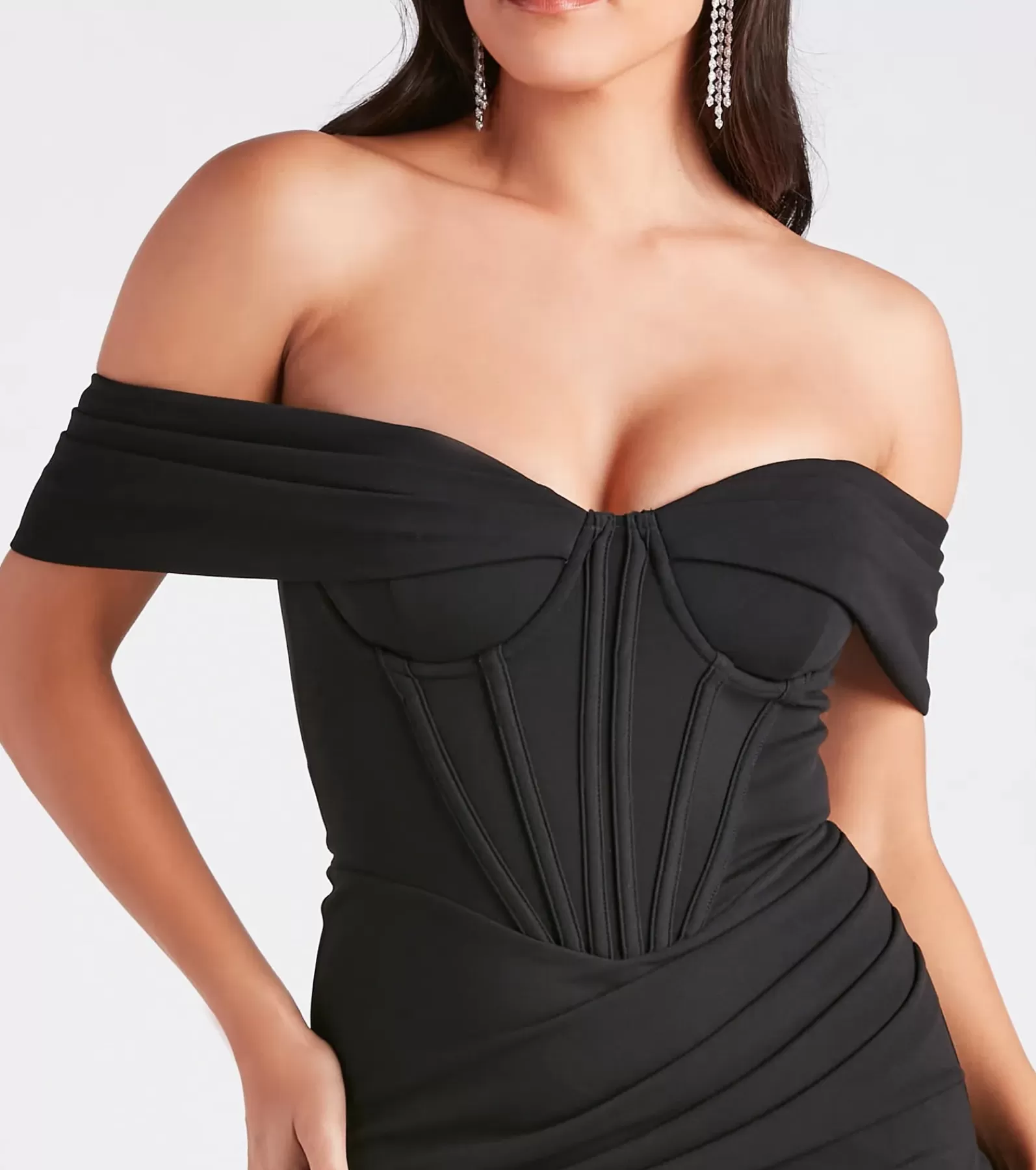 Windsor Black Bridesmaid Dresses | Black Tie Wedding Guest Dresses*Marleen Formal Crepe Corset Off-The-Shoulder Dress