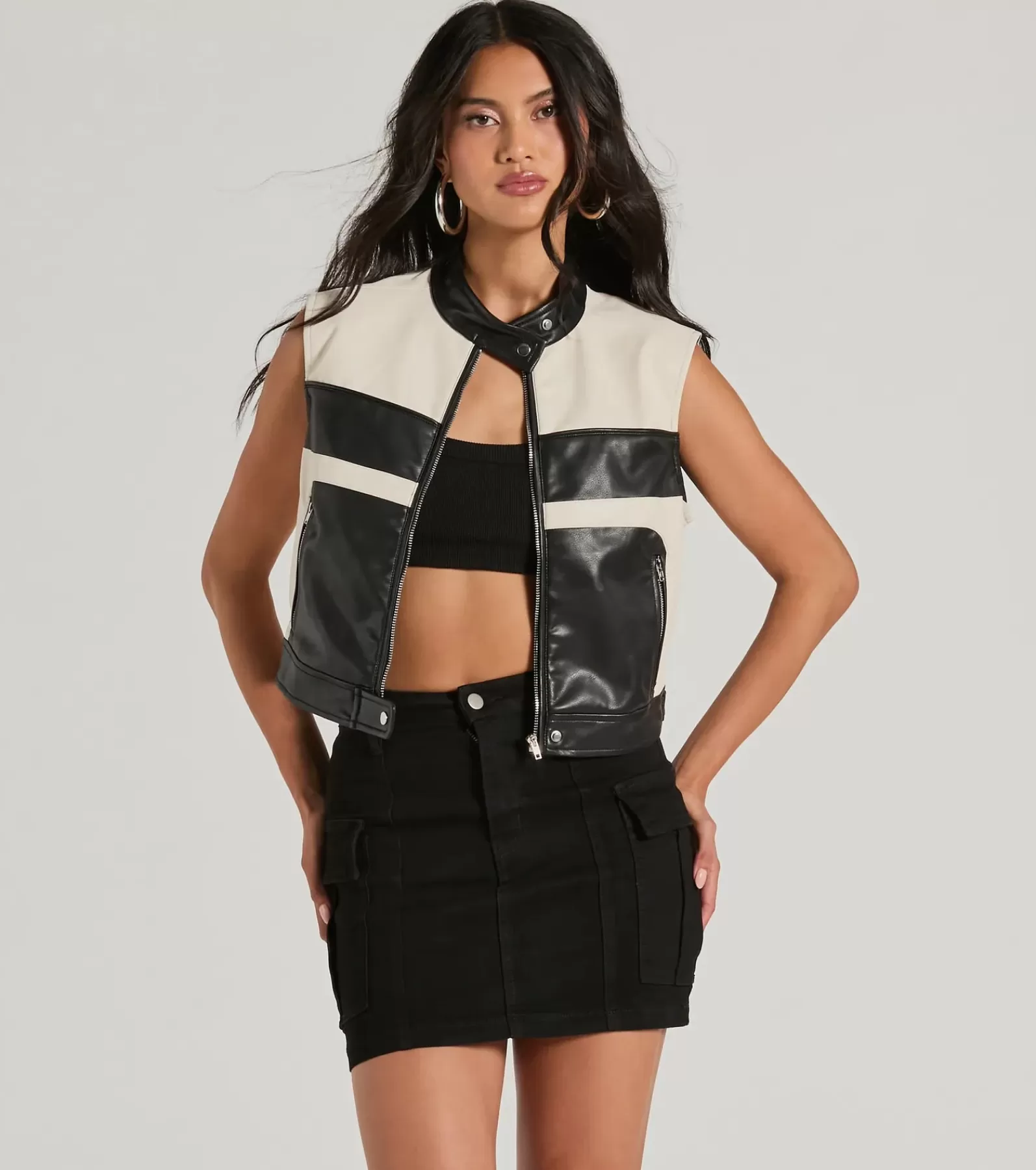 Windsor Moto & Faux Leather*Meet The Crew Contrast Moto Faux Leather Vest