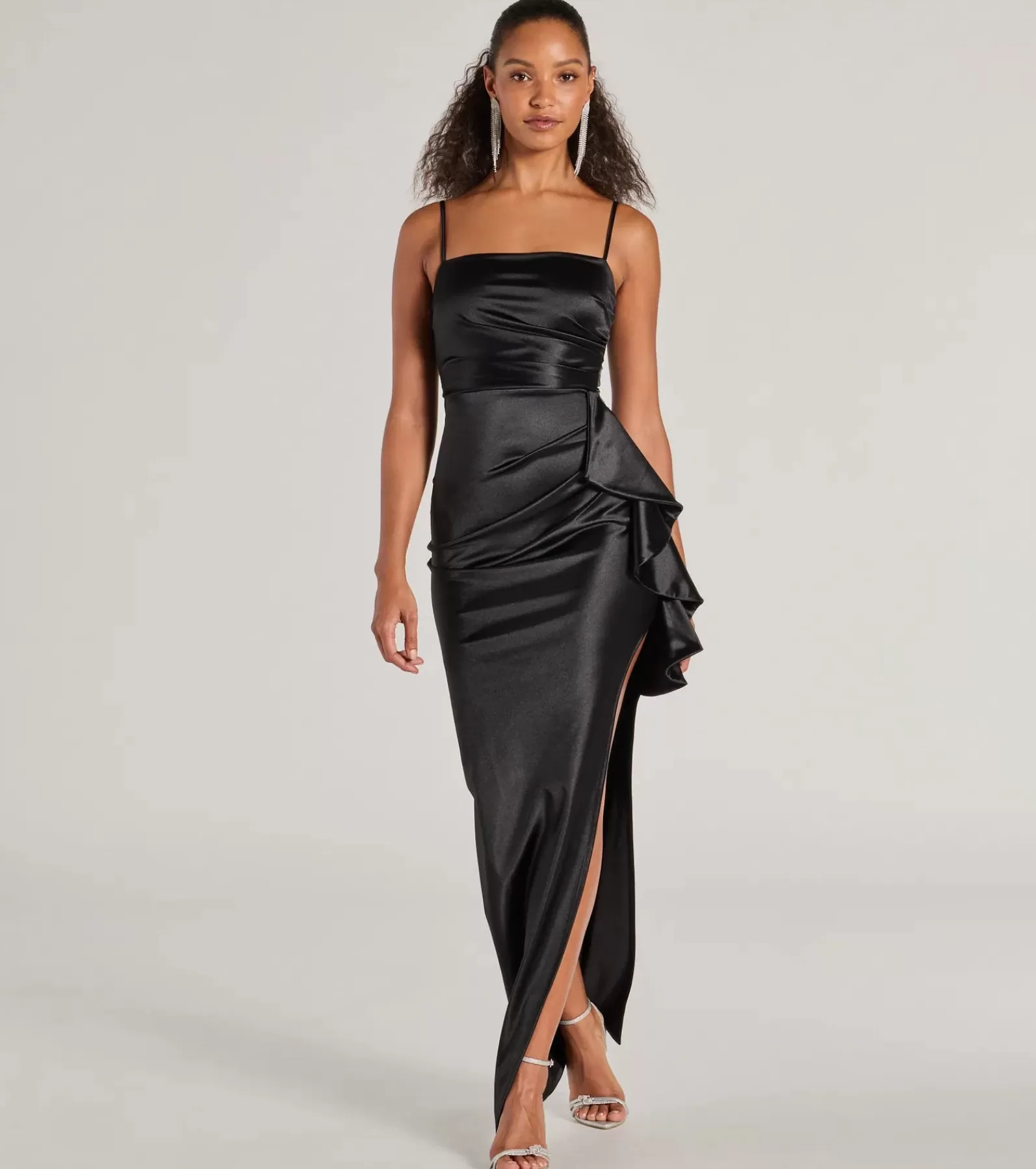 Windsor Satin Bridesmaid Dresses | Black Bridesmaid Dresses*Melissa Sleeveless Ruffle Slim Satin Formal Dress