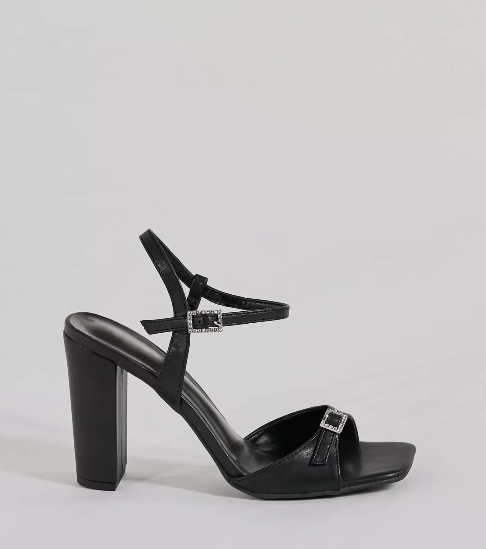Windsor High Heels | Sandals*Midnight Glam Rhinestone Buckle Patent Block Heels