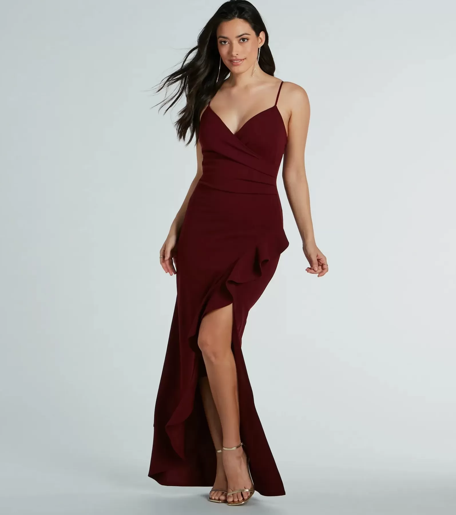 Windsor Red Bridesmaid Dresses | Country Wedding Guest Dresses*Miley V-Neck Ruffle Crepe Formal Dress