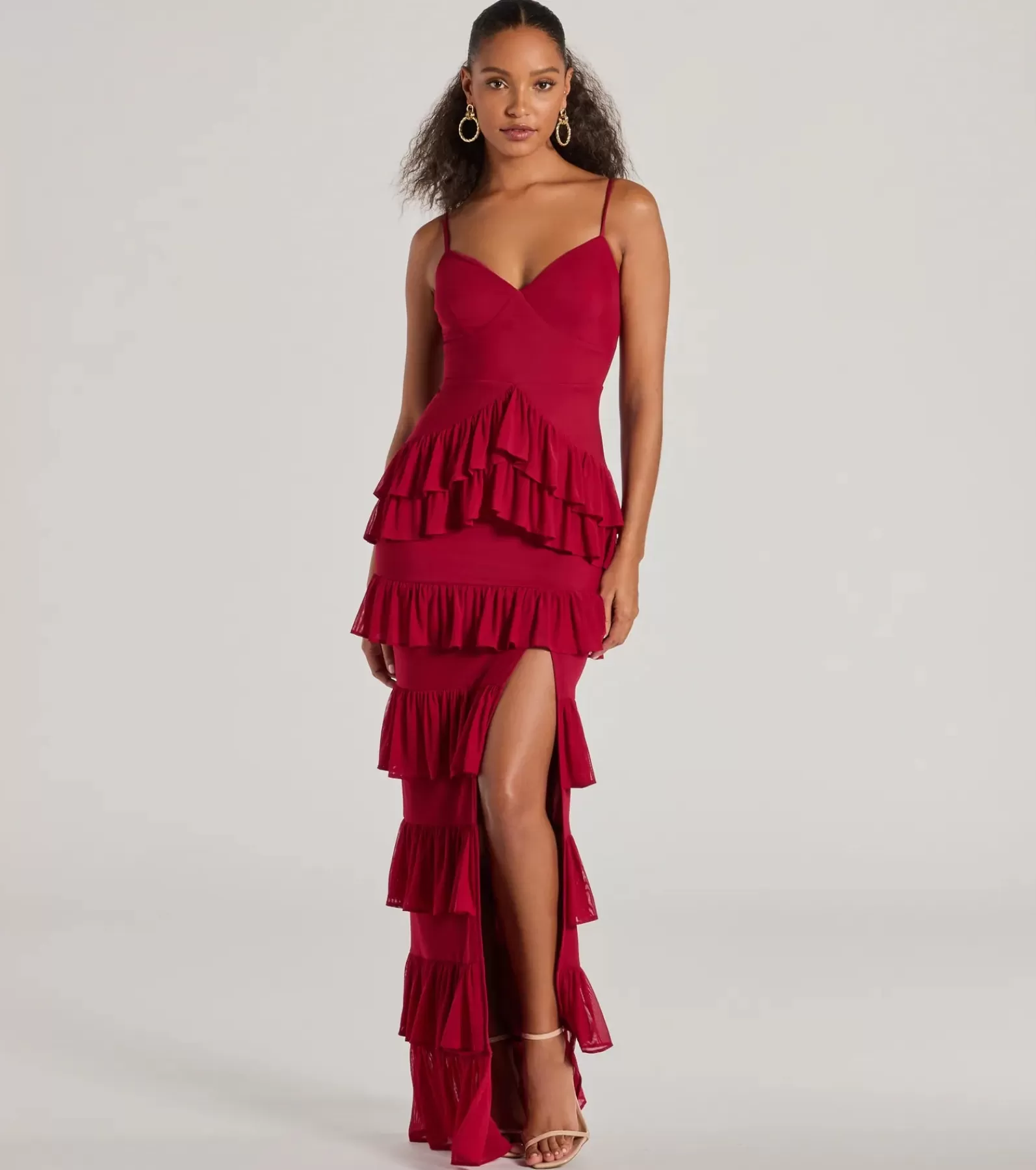 Windsor Red Bridesmaid Dresses*Monica V-Neck Lace-Up Ruffle Slim Formal Dress