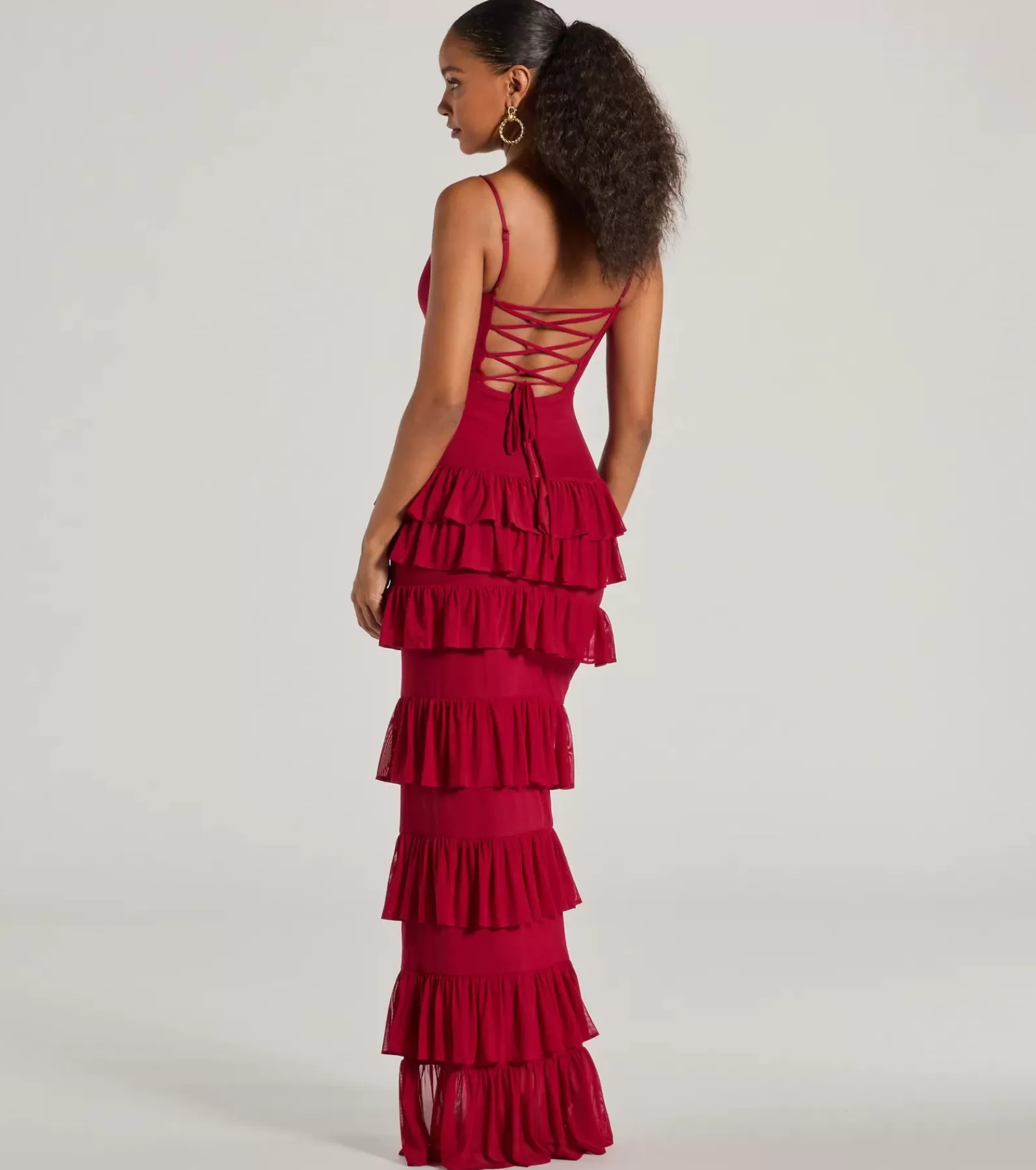 Windsor Red Bridesmaid Dresses*Monica V-Neck Lace-Up Ruffle Slim Formal Dress