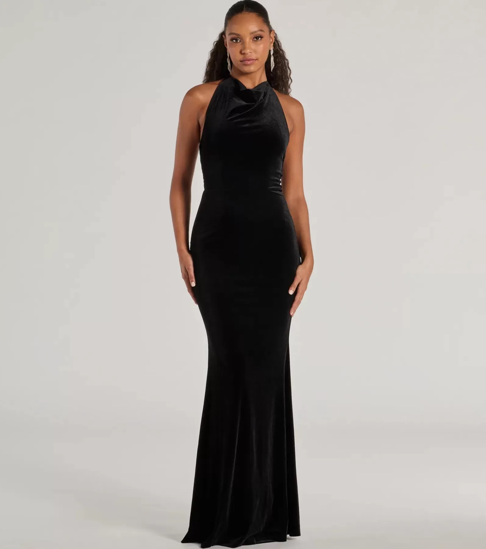 Windsor Wedding Outfits | Black Tie Wedding Guest Dresses*Nara Long Velvet Halter Mermaid Dress