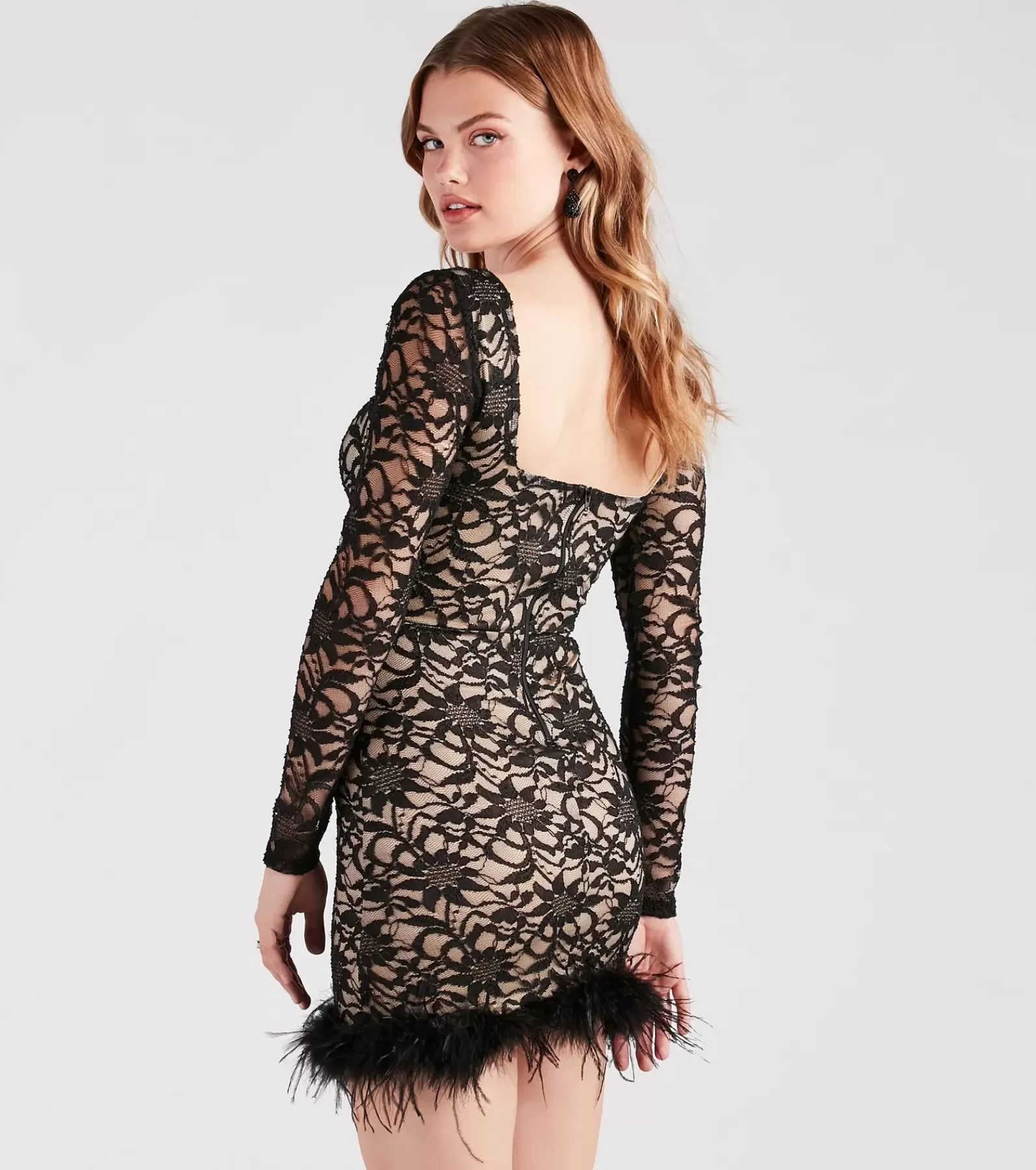 Windsor Honeymoon*Natasha Lace Long Sleeve Feather Mini Dress