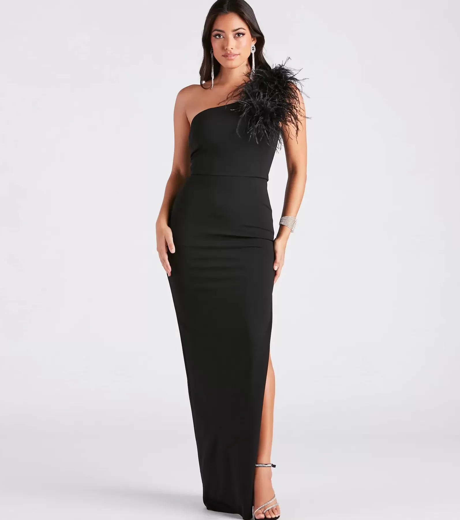 Windsor Rehearsal | Bridal Shower*Patricia Formal Crepe Marabou Long Dress