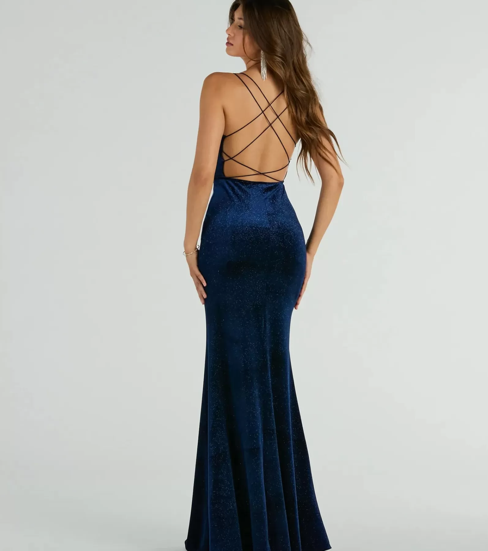 Windsor Blue Bridesmaid Dresses | Velvet Holiday Dresses*Reagan Strappy Mermaid Glitter Velvet Formal Dress