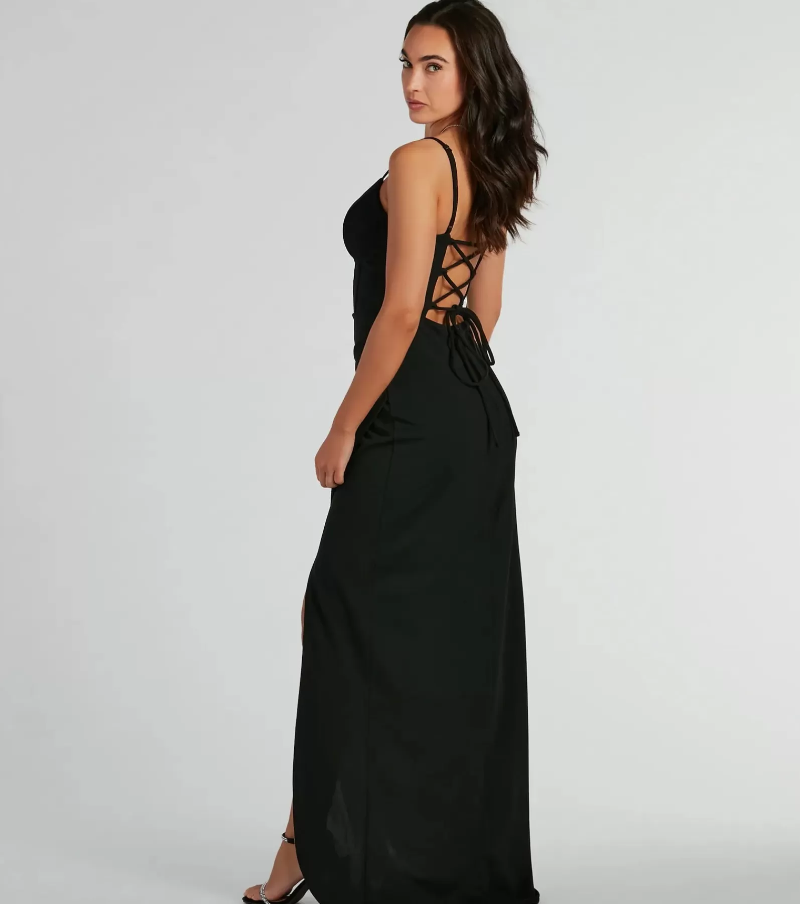 Windsor Black Bridesmaid Dresses*Samaria Lace Up Slim Crepe Formal Dress