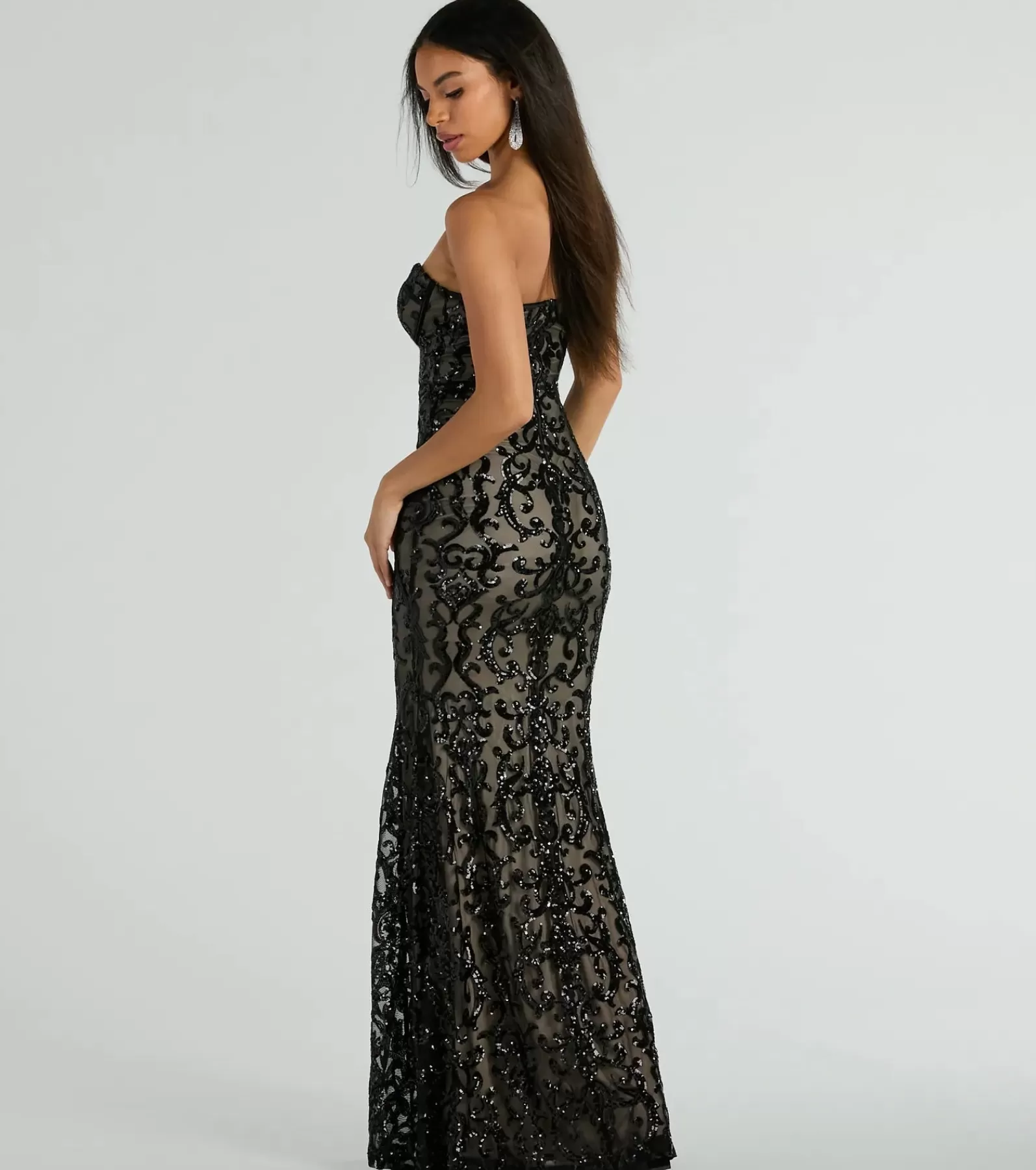 Windsor Wedding Outfits | Black Tie Wedding Guest Dresses*Serena Strapless Corset Sequin Mermaid Formal Dress