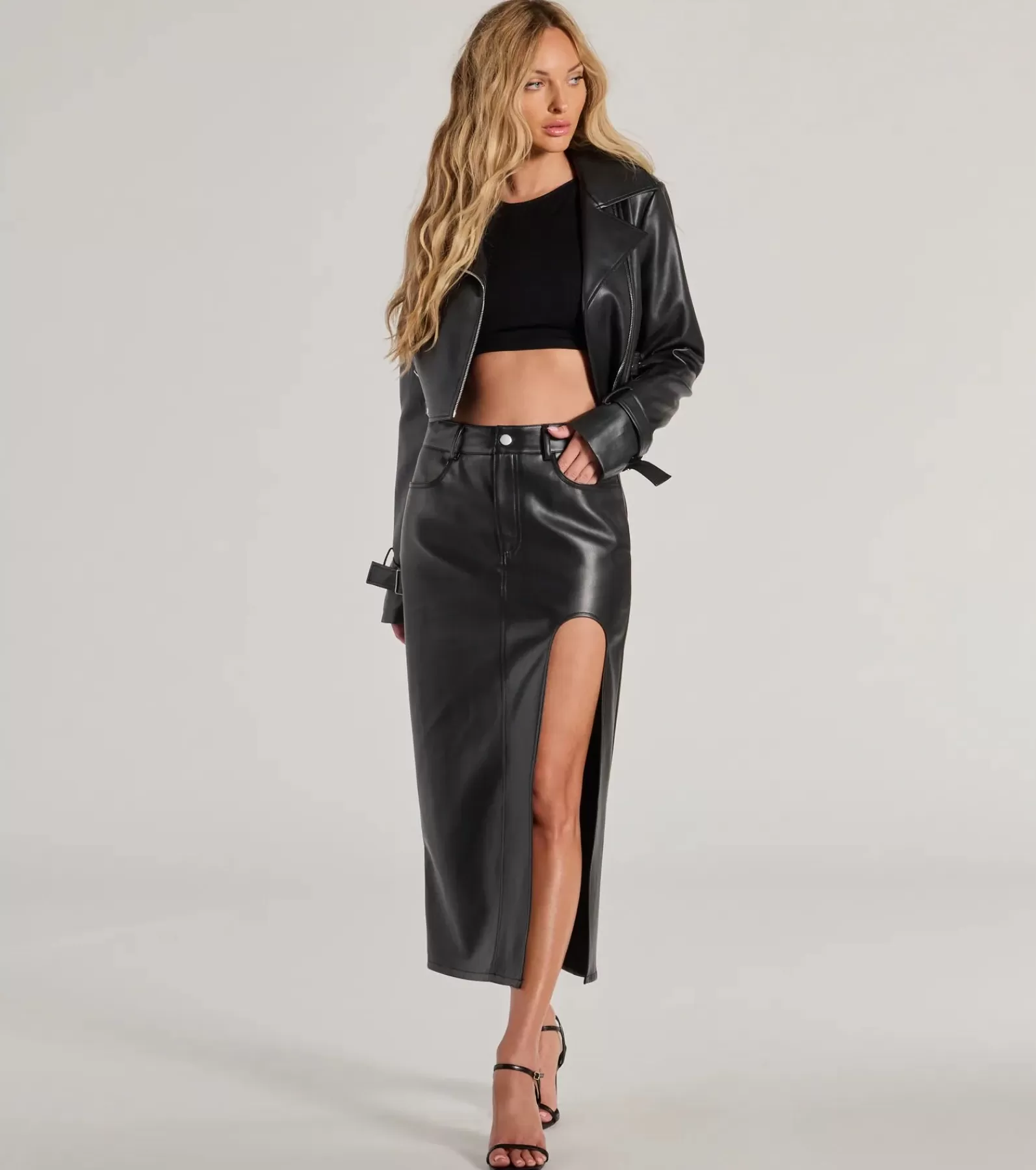 Windsor Black Skirts | Faux Leather & Suede Bottoms*Sleek Era Faux Leather High Slit Midi Skirt
