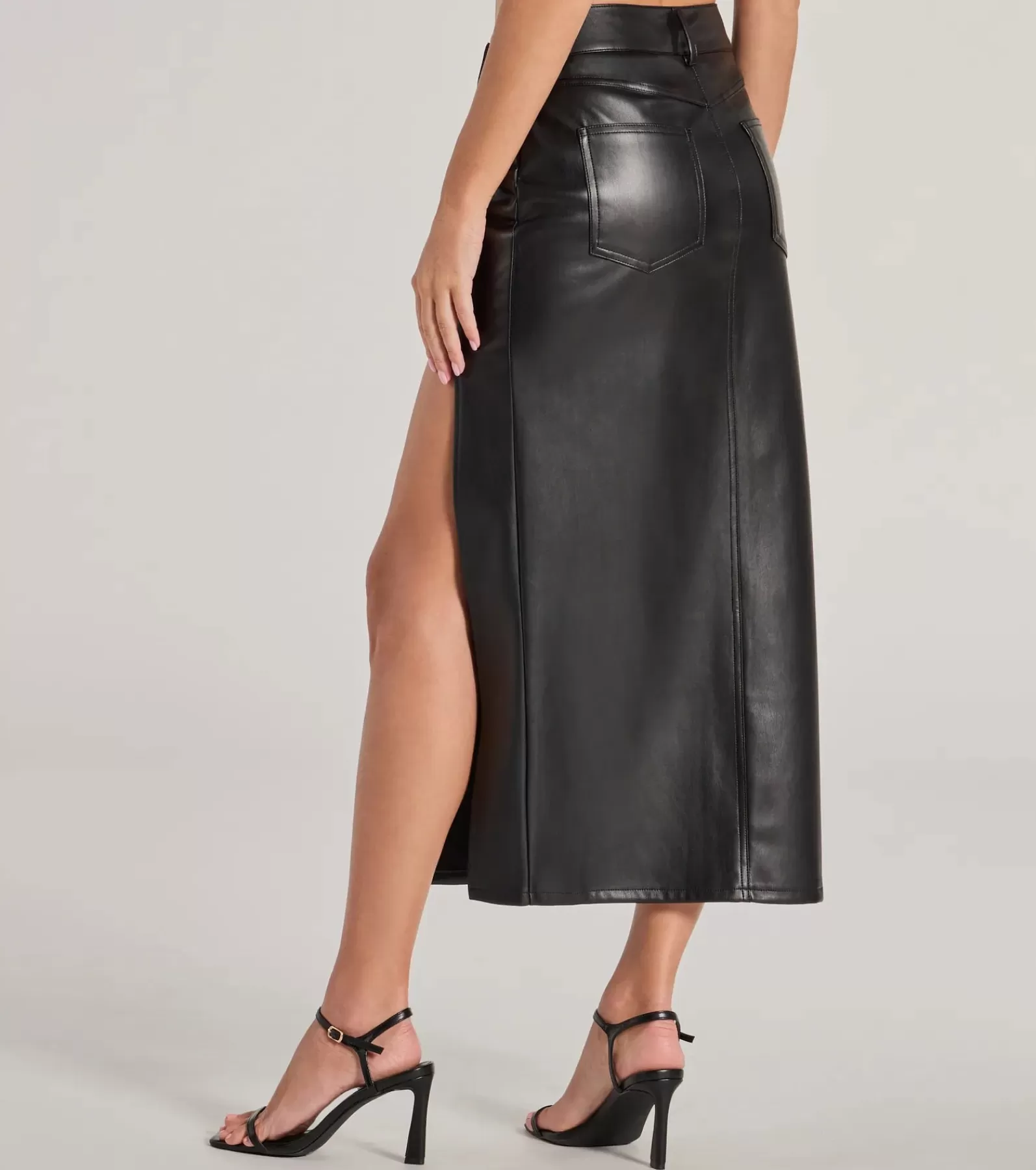 Windsor Black Skirts | Faux Leather & Suede Bottoms*Sleek Era Faux Leather High Slit Midi Skirt