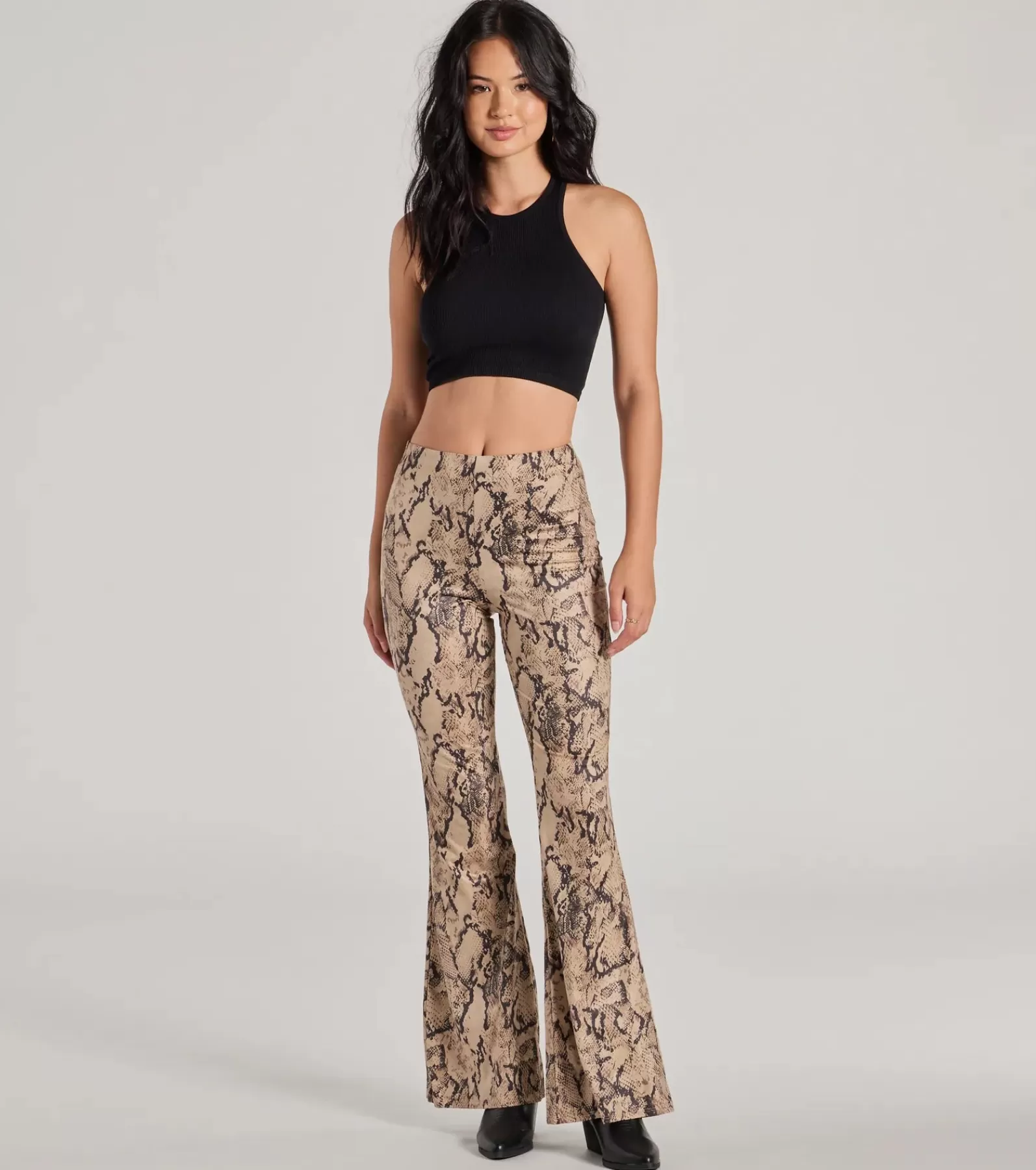 Windsor Faux Leather & Suede Bottoms | Flare Pants*Slither In Style High Rise Snake Print Flare Pants