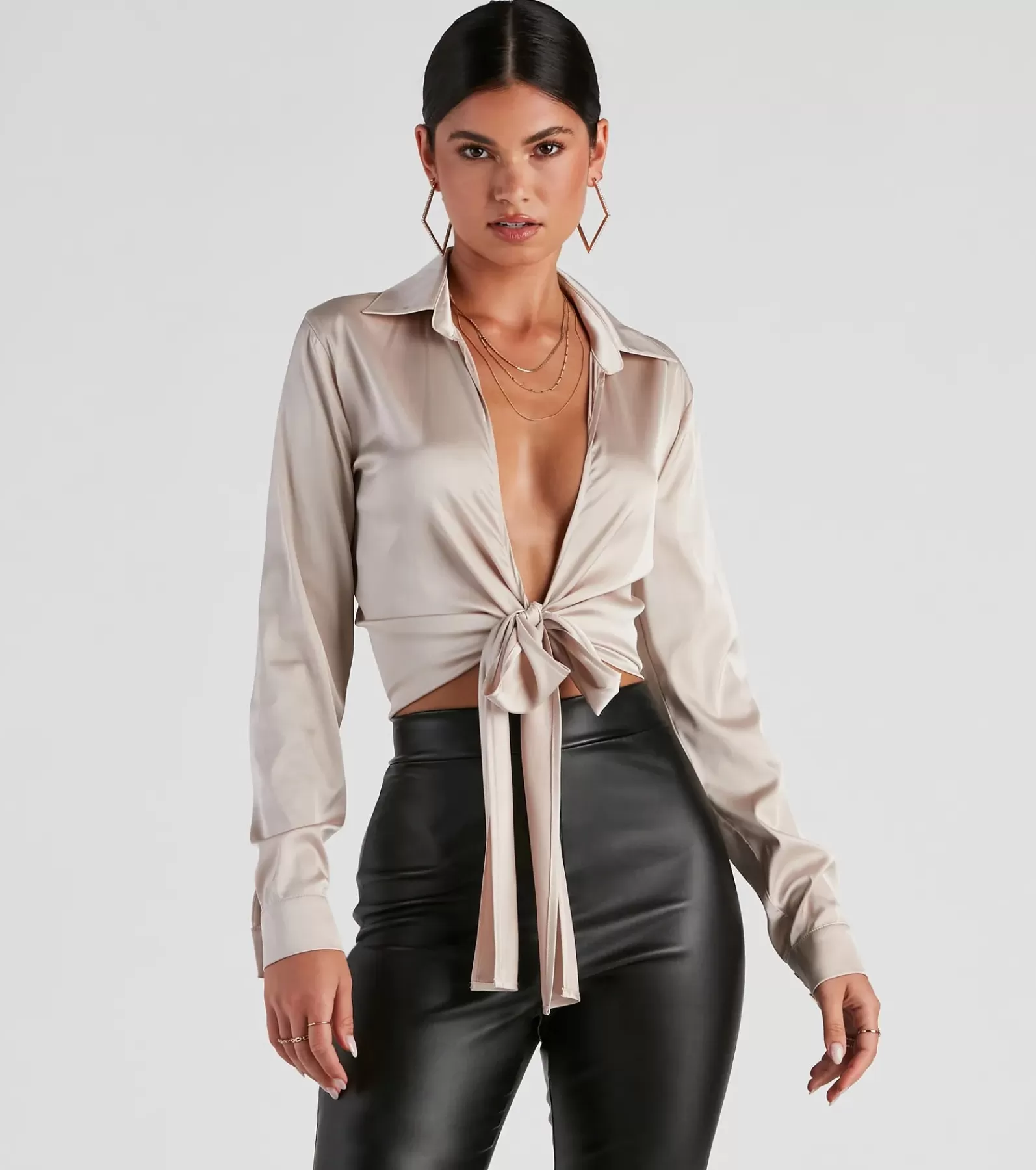 Windsor Nye Outfits | Tie Front Tops*So Sleek Satin Tie-Front Blouse
