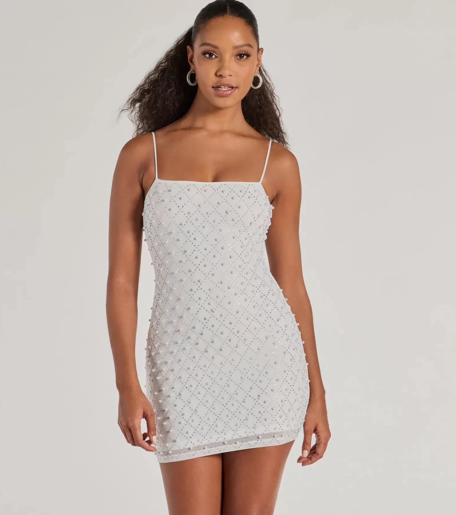 Windsor Rehearsal | Bridal Shower*Sophisticated Radiance Rhinestone And Faux Pearl Mesh Mini Dress