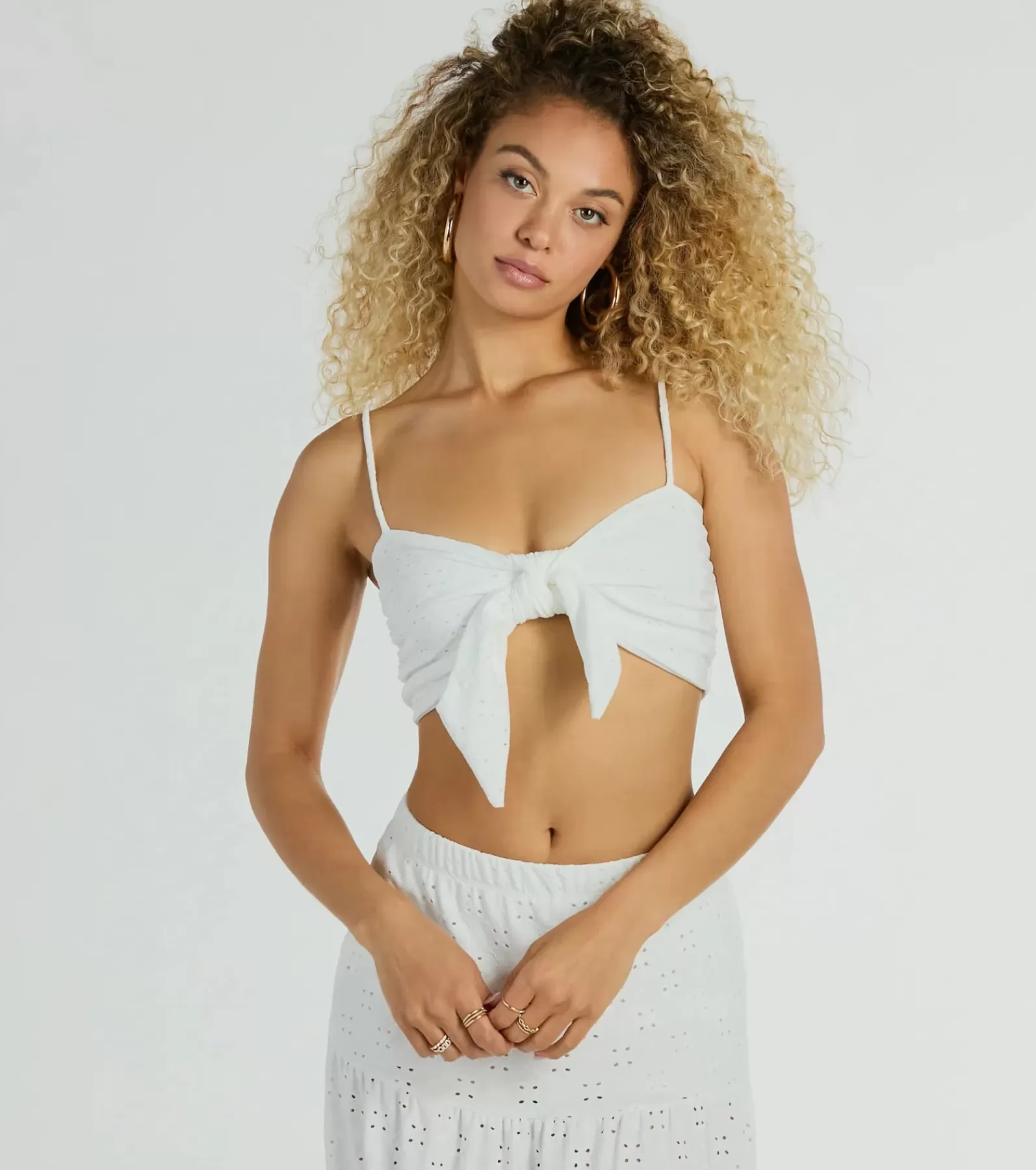 Windsor All Matching Sets | Tie Front Tops*Spring Breeze Sweetheart Tie Eyelet Crop Top