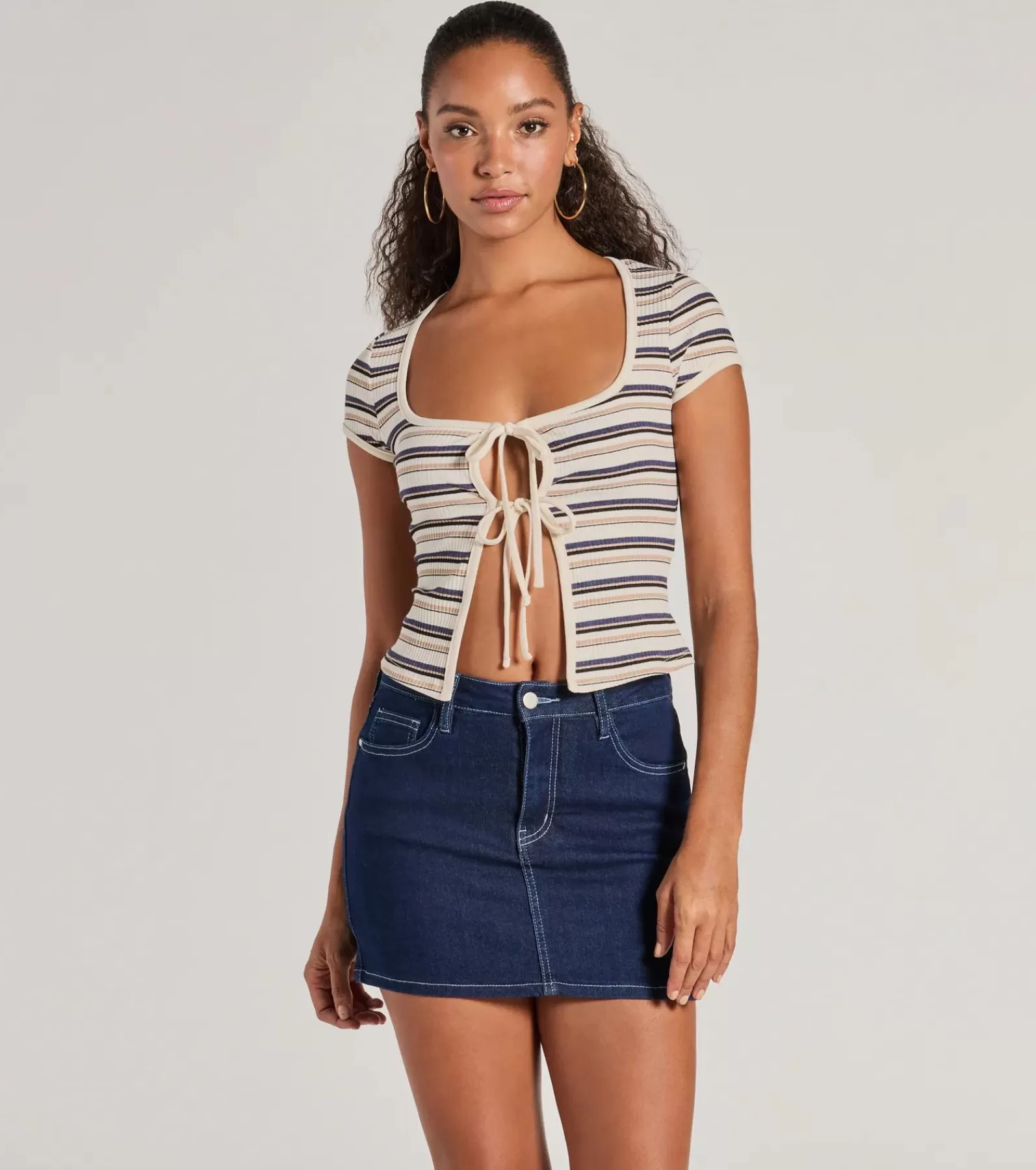 Windsor Tie Front Tops | Short Sleeve Tops*Stylish Status Striped Knit Tie-Front Top