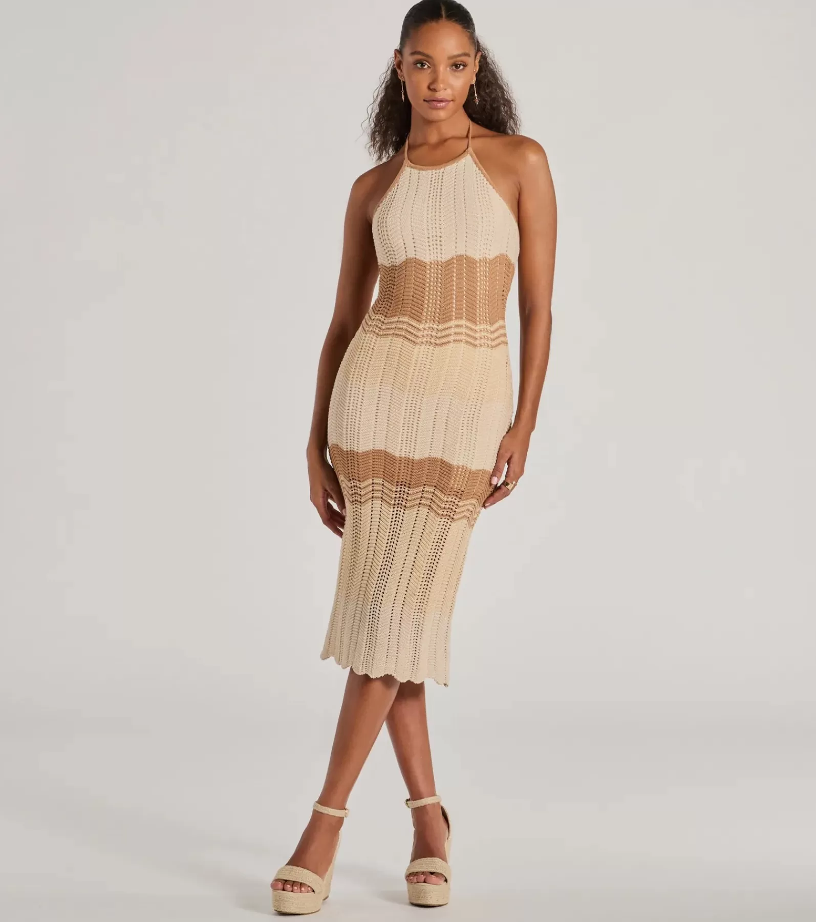 Windsor Sundresses*Stylish Striped Halter Crochet Midi Dress