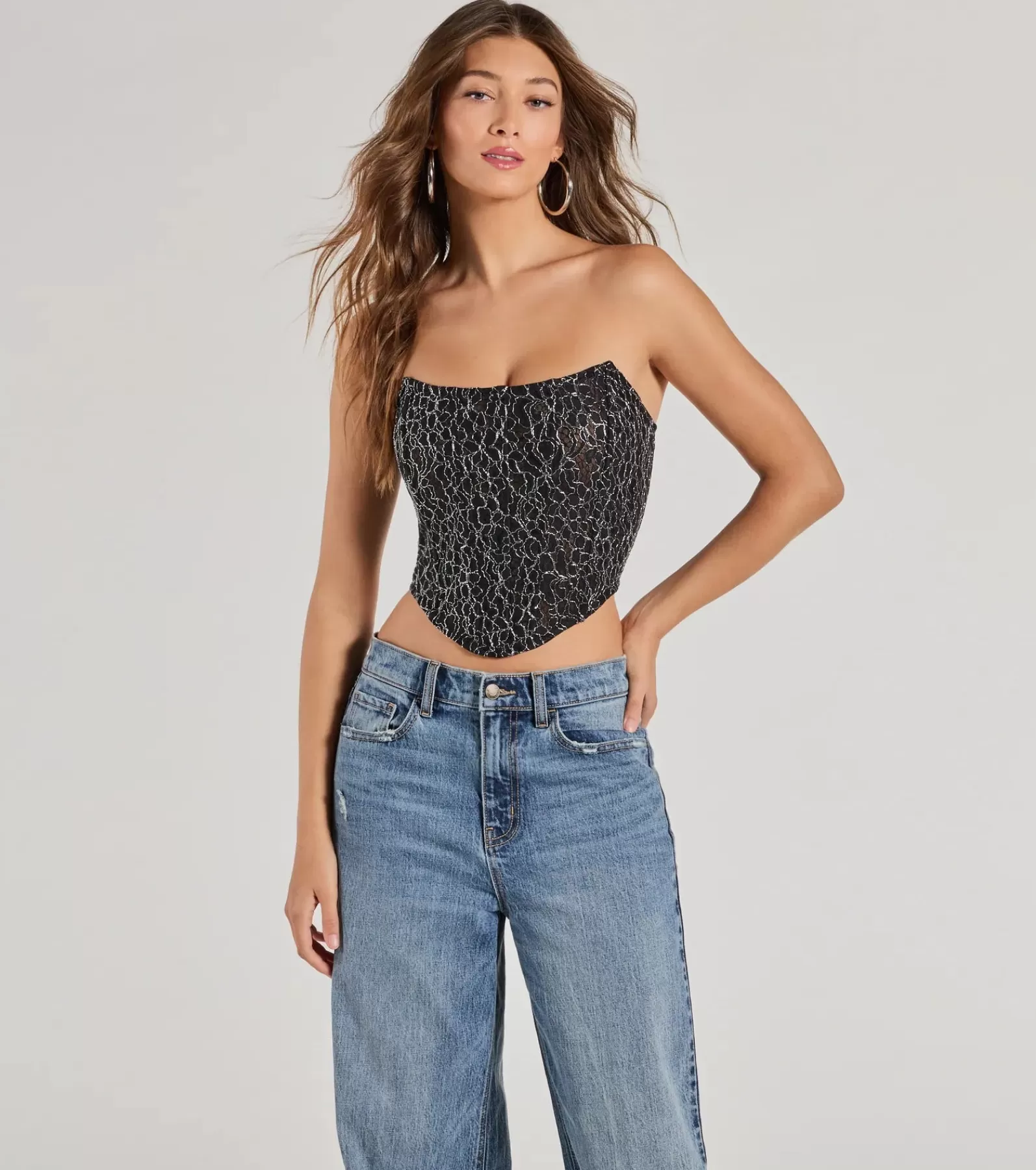 Windsor Nye Outfits | Going-Out Tops*Sultry Shimmer Lurex Lace Strapless Corset Top