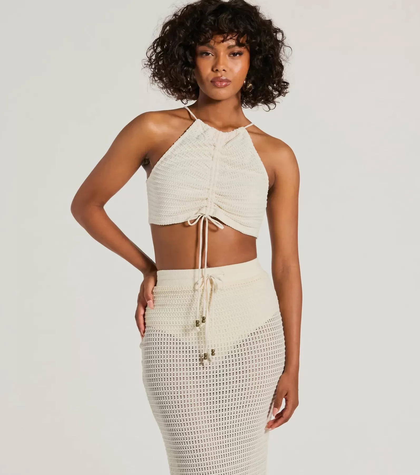 Windsor All Matching Sets | Tie Front Tops*Sunny Chic Halter Ruched Crochet Crop Top