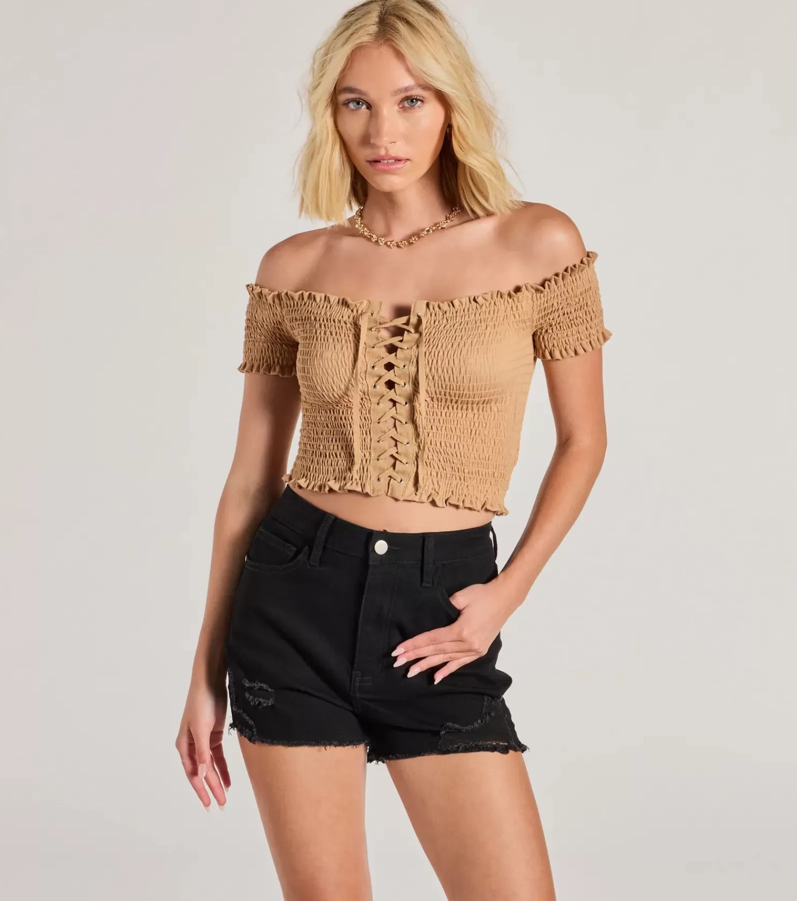 Windsor Off The Shoulder Tops | Tie Front Tops*Sweet As You Off-The-Shoulder Lace-Up Crop Top