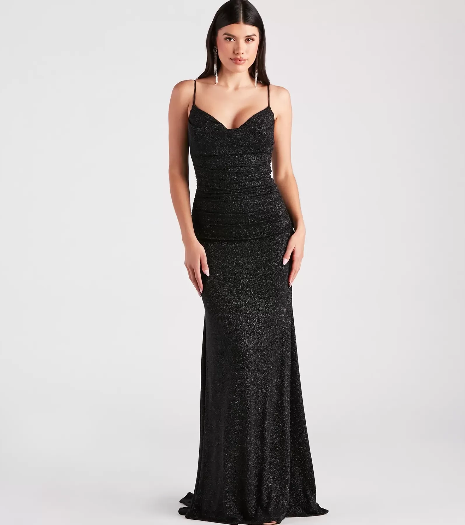 Windsor Black Bridesmaid Dresses | Black Tie Wedding Guest Dresses*Tamora Formal Glitter Plunge Mermaid Dress