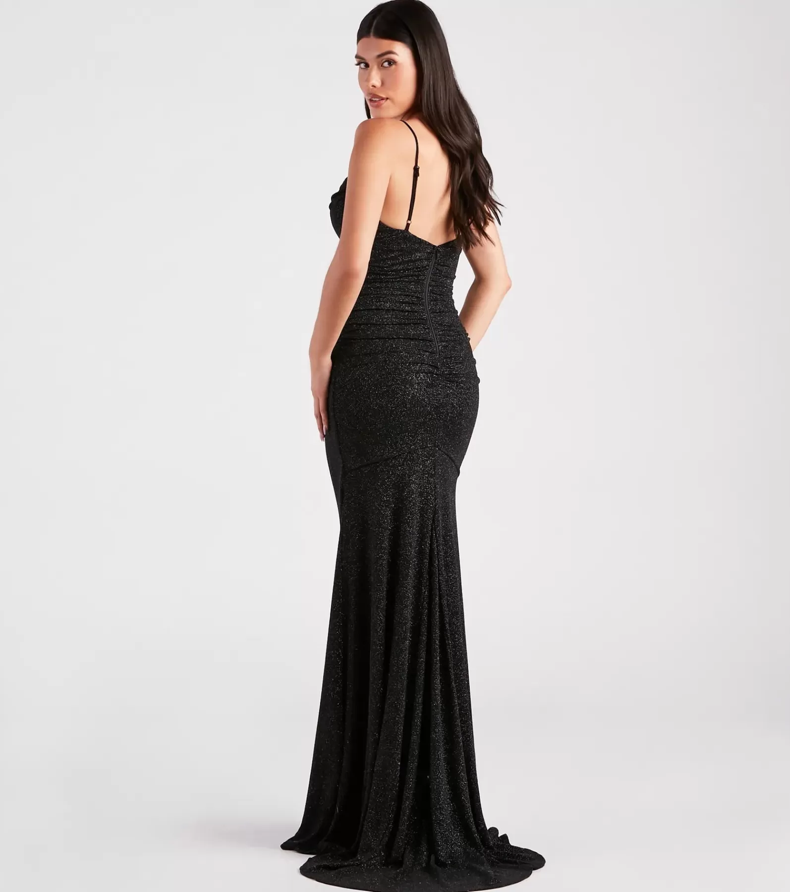 Windsor Black Bridesmaid Dresses | Black Tie Wedding Guest Dresses*Tamora Formal Glitter Plunge Mermaid Dress