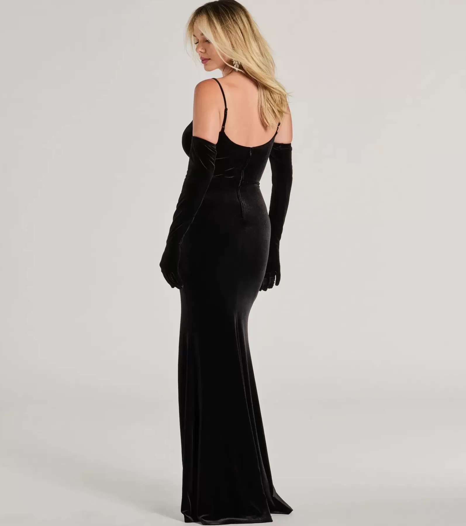 Windsor Black Tie Wedding Guest Dresses | Velvet Holiday Dresses*Tina Rhinestone Bow Velvet Formal Dress With Gloves