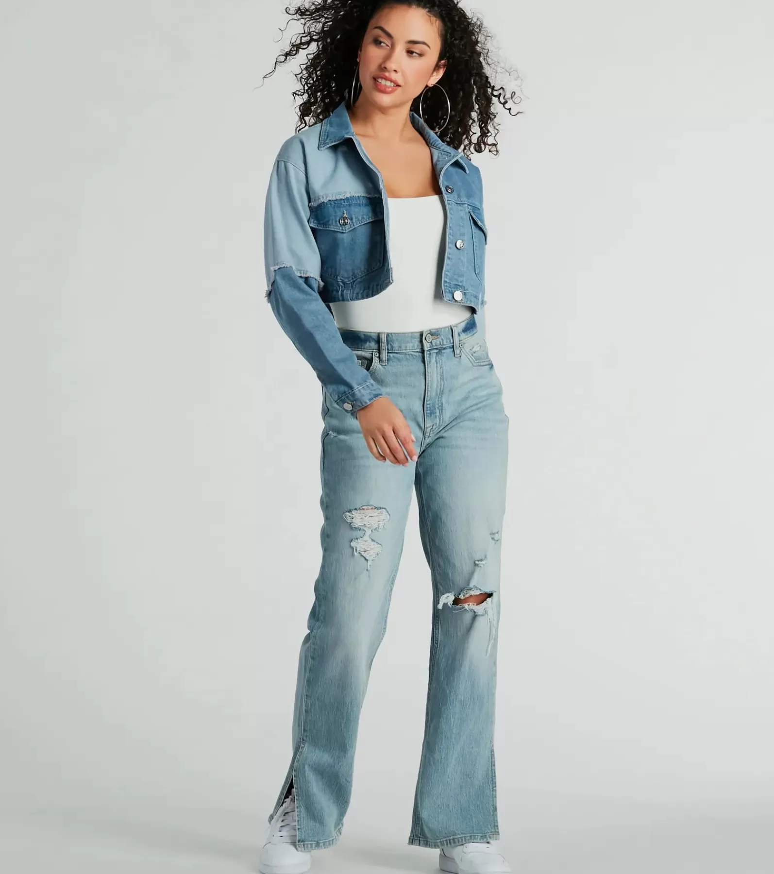 Windsor Jean Jackets*Trendsetter Patchwork Cropped Jean Jacket