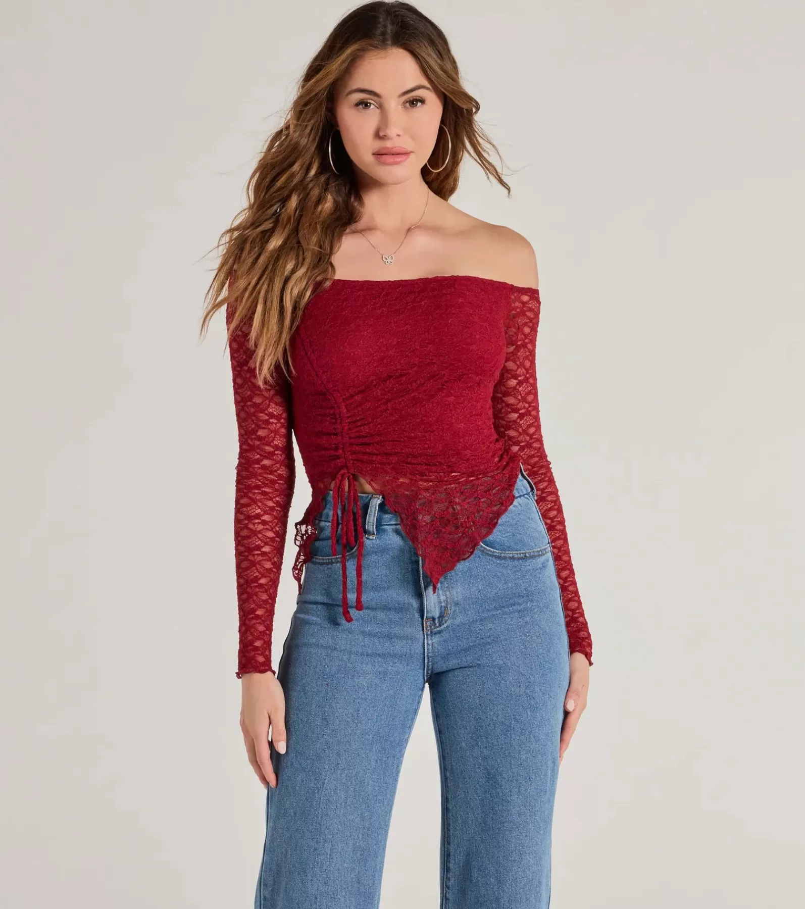 Windsor Basic Tops | Off The Shoulder Tops*Trendy Babe Off-The-Shoulder Ruched Lace Top