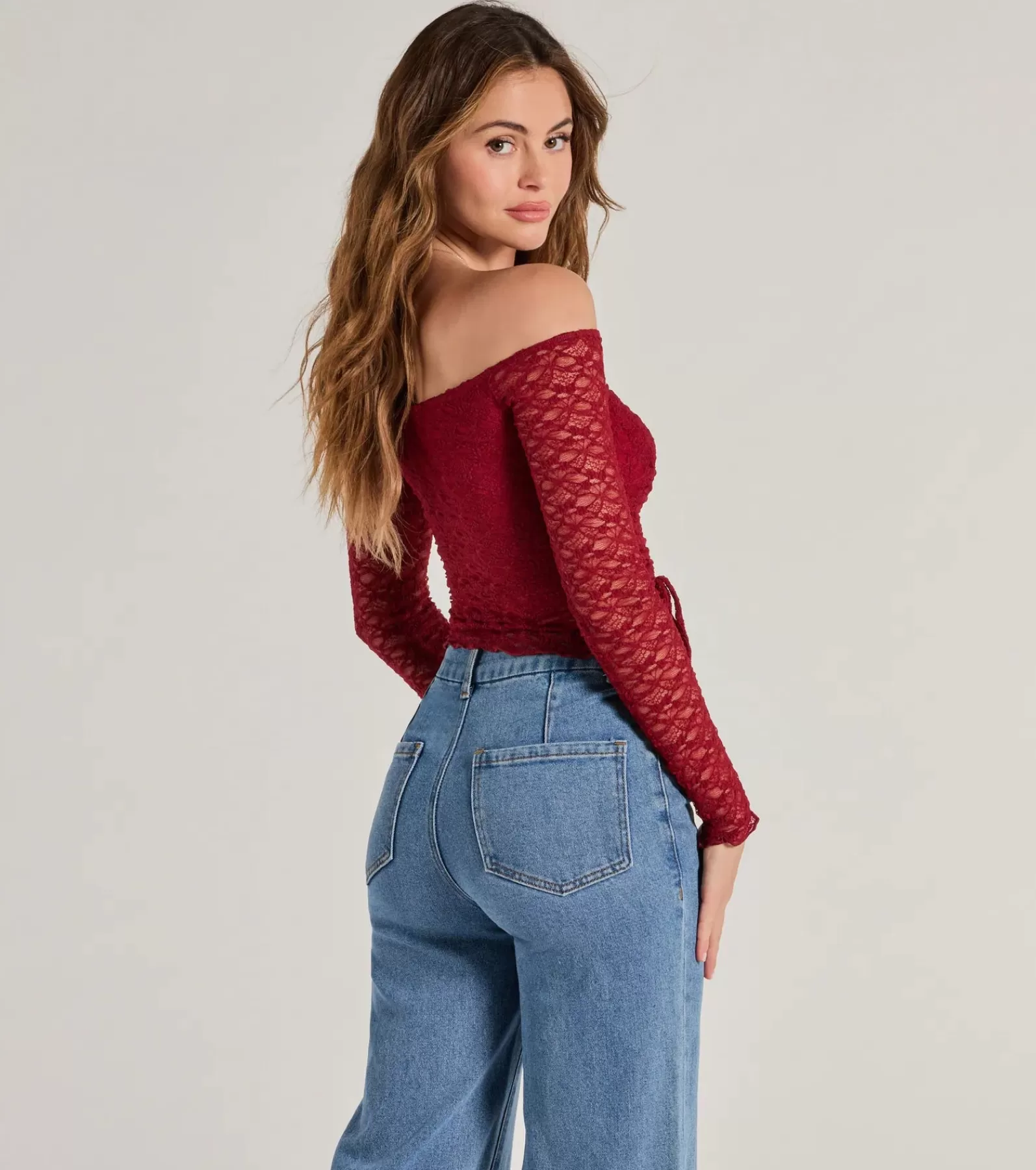 Windsor Basic Tops | Off The Shoulder Tops*Trendy Babe Off-The-Shoulder Ruched Lace Top