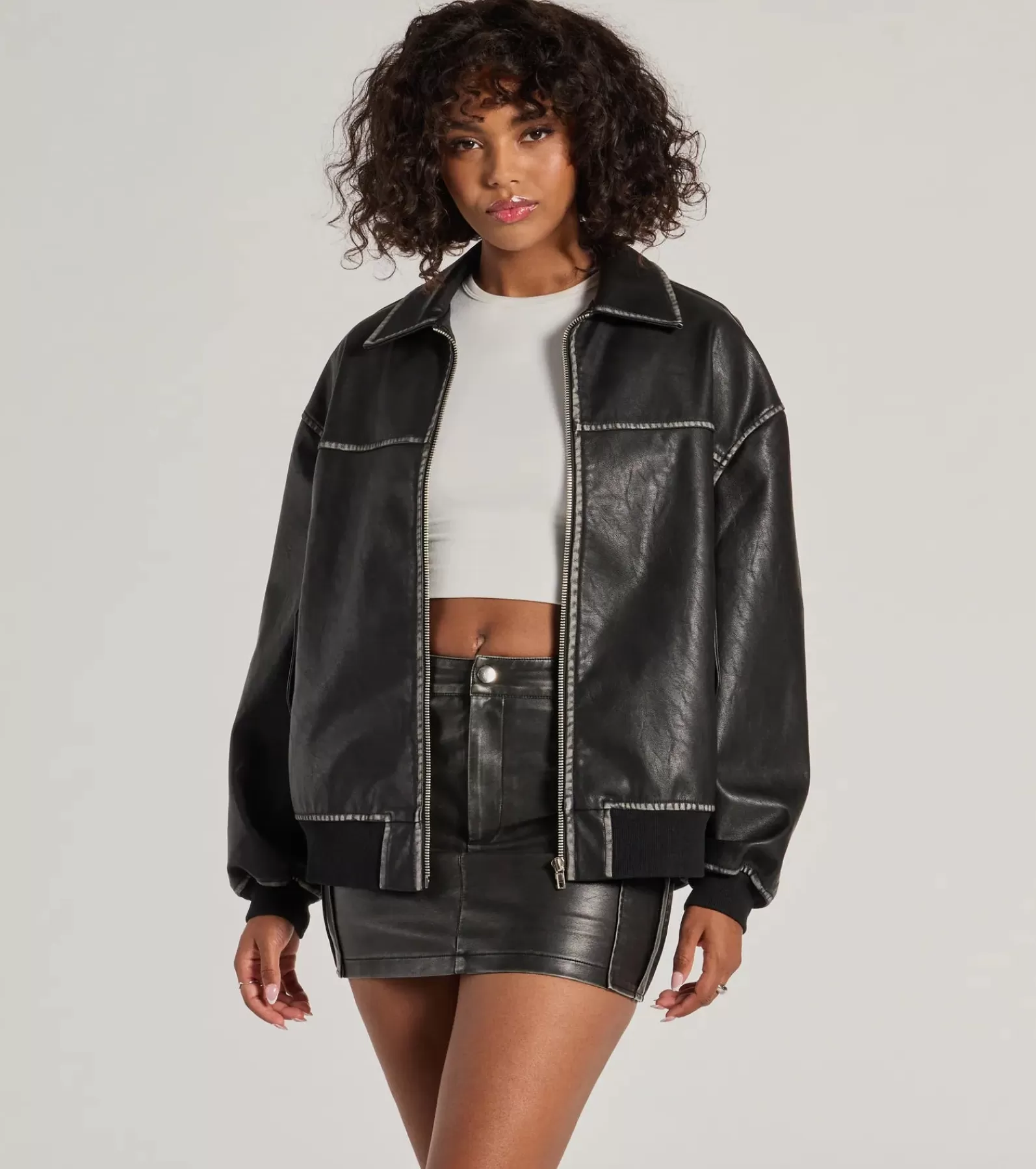 Windsor Moto & Faux Leather*Vintage Chic Faux Leather Oversized Bomber Jacket