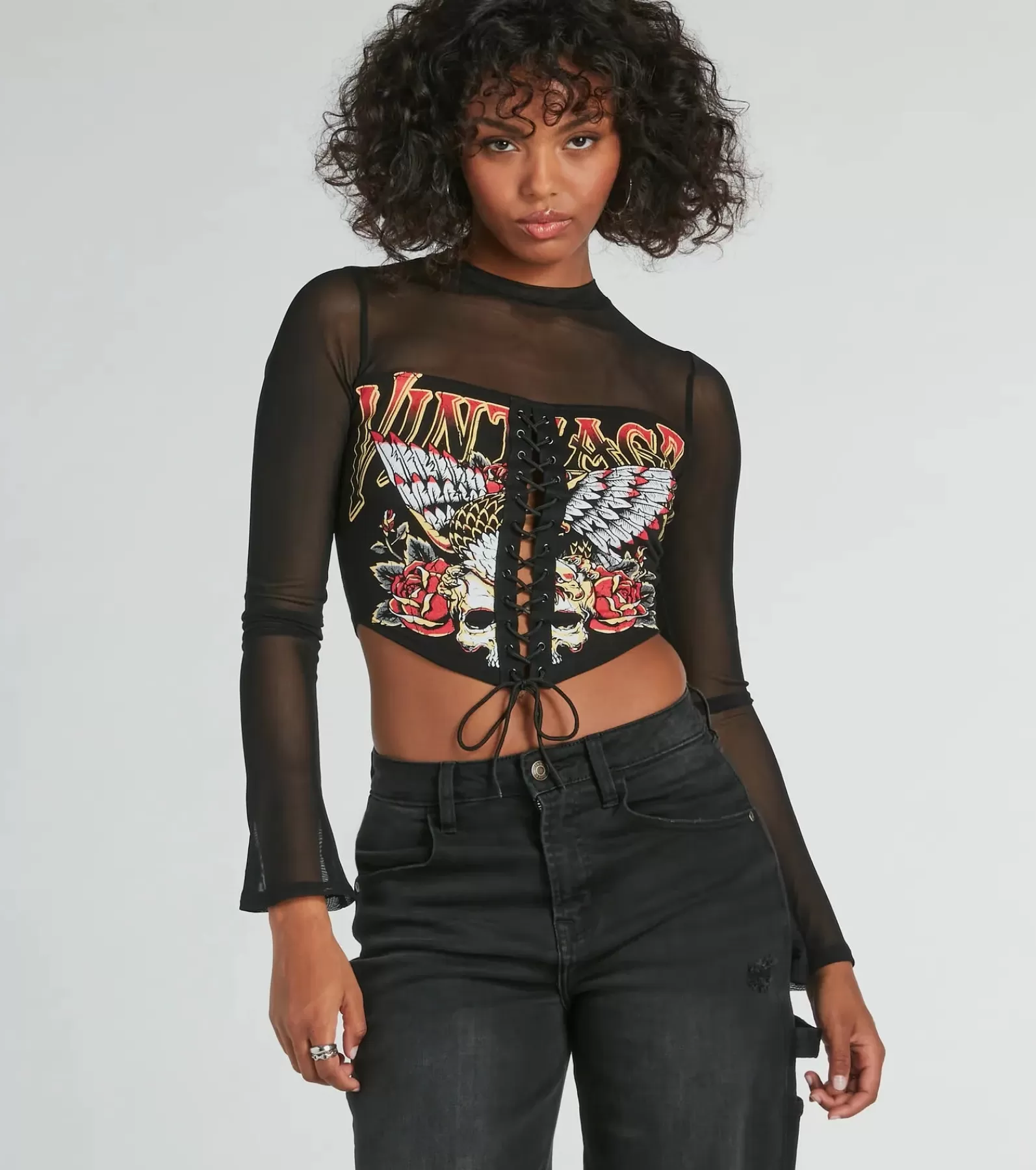 Windsor Graphic Tees | Long Sleeve Tops*Vintage Lace-Up Mesh Graphic Crop Top