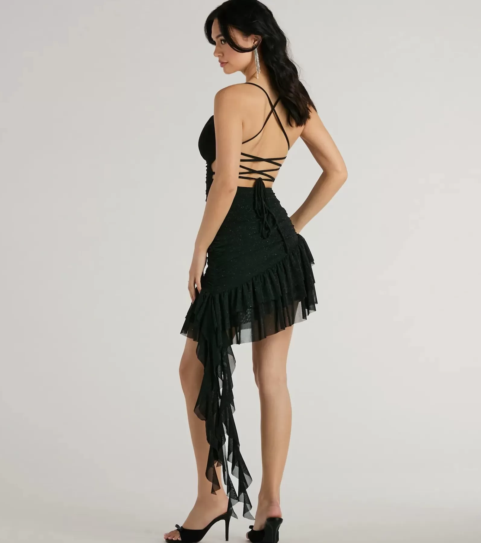 Windsor Cocktail Dresses*Violet Lace-Up Ruffle Glitter Mesh Party Dress
