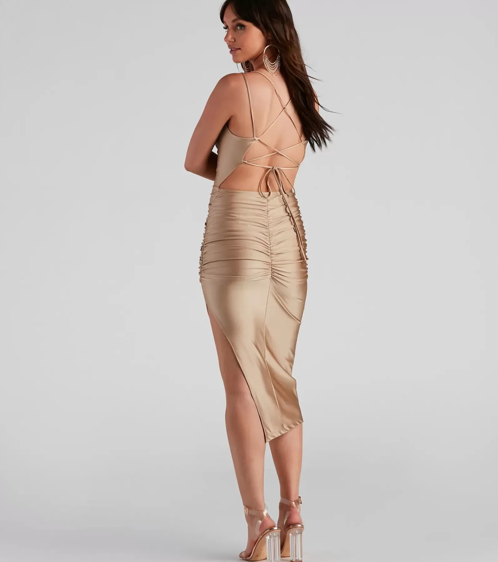 Windsor Bridal Shower*Zooey Formal Satin Lace-Up Midi Dress